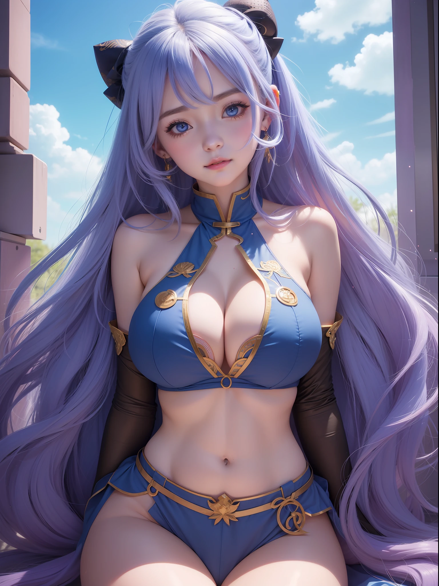 anime girl with absolutely beautiful long hair, blue sexy bikini, anime moe artstyle, cute anime girl, cute anime girl portrait, pretty anime girl, portrait of cute anime girl, kawaii realistic portrait, anime visual of a cute girl, cute anime girl portraits, portrait anime girl, anime style portrait, beautiful anime girl, full body, smile, (huge boobs:1.5), navel, thin waist, (big hip), Thighs, from bellow, blue eyes, sarashi