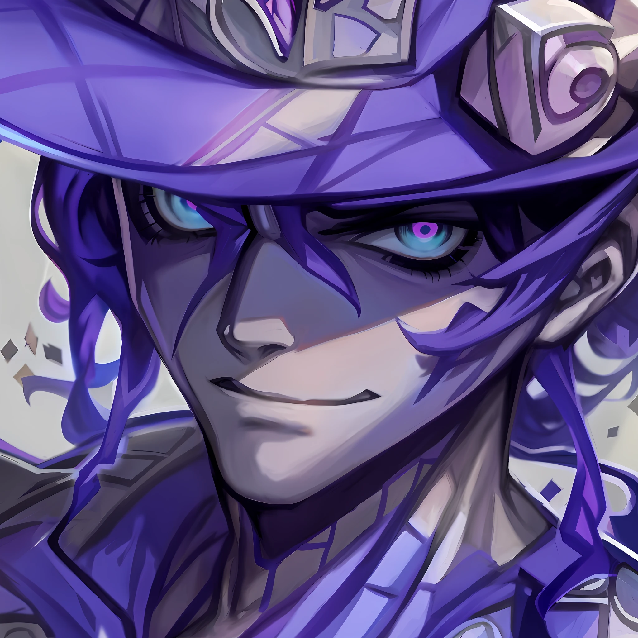 Anime characters with purple hair and purple hats with diamonds, JOJO anime style, Kujo Jotaro, gyro Zeppeli, trigger anime art style, Jotaro, hero 2D doujin art art, in Jojo's bizarre adventure, 2D anime, 2D art, 2D art, evil giggle, 2D anime style, detailed facial features, delicate hair
