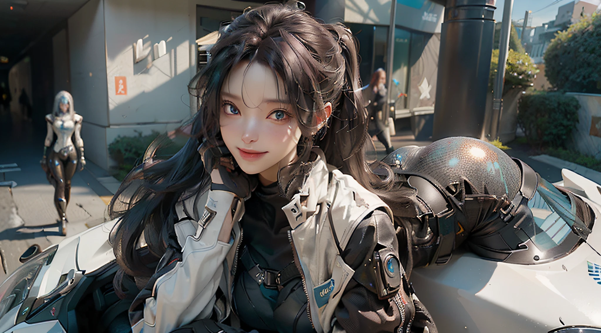 ((Best Quality)), ((Masterpiece)), (Detail: 1.4), 3D, A Beautiful Cyberpunk Female Figure, HDR (High Dynamic Range), Ray Tracing, NVIDIA RTX, Super-Resolution, Unreal 5, Subsurface Scattering, PBR Texture, Gray Hair, Incredibly Long Hair, Smile, Look Over, Sitting on a Motorcycle, Post-Processing, Anisotropic Filtering, Depth of Field, Maximum Clarity and Clarity, Multi-layered Texture , Albedo and Specular Mapping, Surface Coloring, Accurate Simulation of Light-Material Interactions, Perfect Proportions, Octane Render, Bicolor Light, Large Aperture, Low ISO, White Balance, Rule of Thirds, 8K RAW,