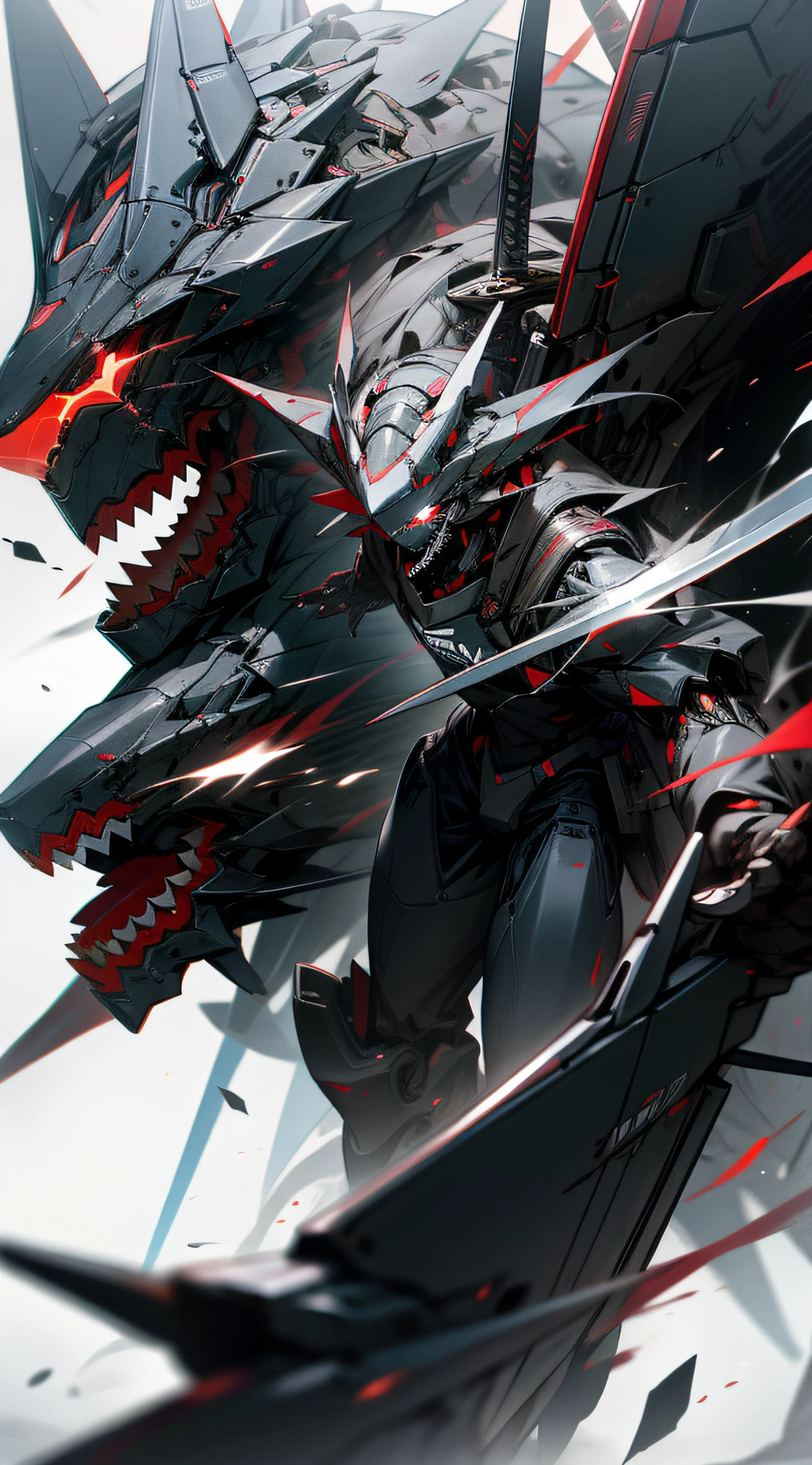 mecha shark headed robot, robot, no_human, holding a sword, glowing red eyes