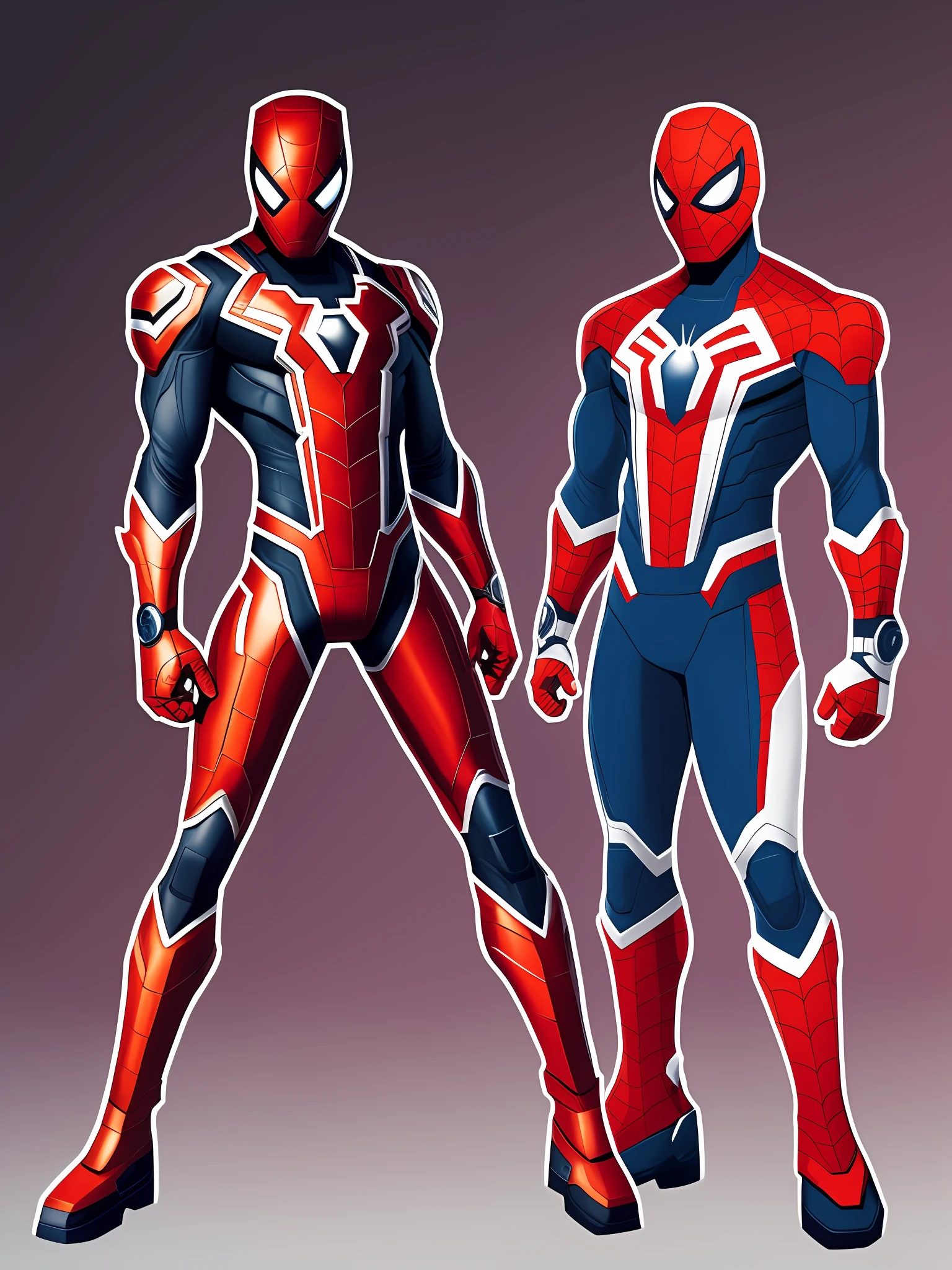 fusion of Ironman and Spiderman fusion character design, full body, legs, full body, a minimalist caricature, clean lines, in sticker format. The background is neutral, allowing the hero to stand out. The colors used are solid and vibrant, creating a striking contrast. The outline is sharp and precise, bringing out the hero's details. The lighting is soft, providing a sense of harmony. The artistic reference for the style is a minimalist artist. The design is centralized, with references to Leonardo Difusion and Midjourney. The image resolution is 8k, using the Engine 5 graphics engine. The art is in 3D format, allowing a three-dimensional visualization of the hero. The image can be resized as needed while maintaining quality. The hero is depicted in full body, full frame, capturing all important details and visual elements, high details, maximum details, 8k, 36k, HDR, highly detailed --auto --s2