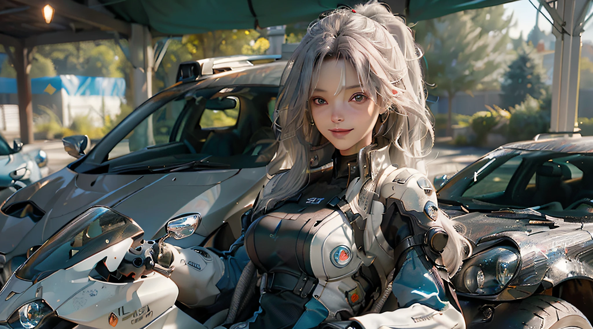 ((Best Quality)), ((Masterpiece)), (Detail: 1.4), 3D, A Beautiful Cyberpunk Female Figure, HDR (High Dynamic Range), Ray Tracing, NVIDIA RTX, Super-Resolution, Unreal 5, Subsurface Scattering, PBR Texture, Gray Hair, Incredibly Long Hair, Smile, Look Over, Sitting on a Motorcycle, Post-Processing, Anisotropic Filtering, Depth of Field, Maximum Clarity and Clarity, Multi-layered Texture , Albedo and Specular Mapping, Surface Coloring, Accurate Simulation of Light-Material Interactions, Perfect Proportions, Octane Render, Bicolor Light, Large Aperture, Low ISO, White Balance, Rule of Thirds, 8K RAW,