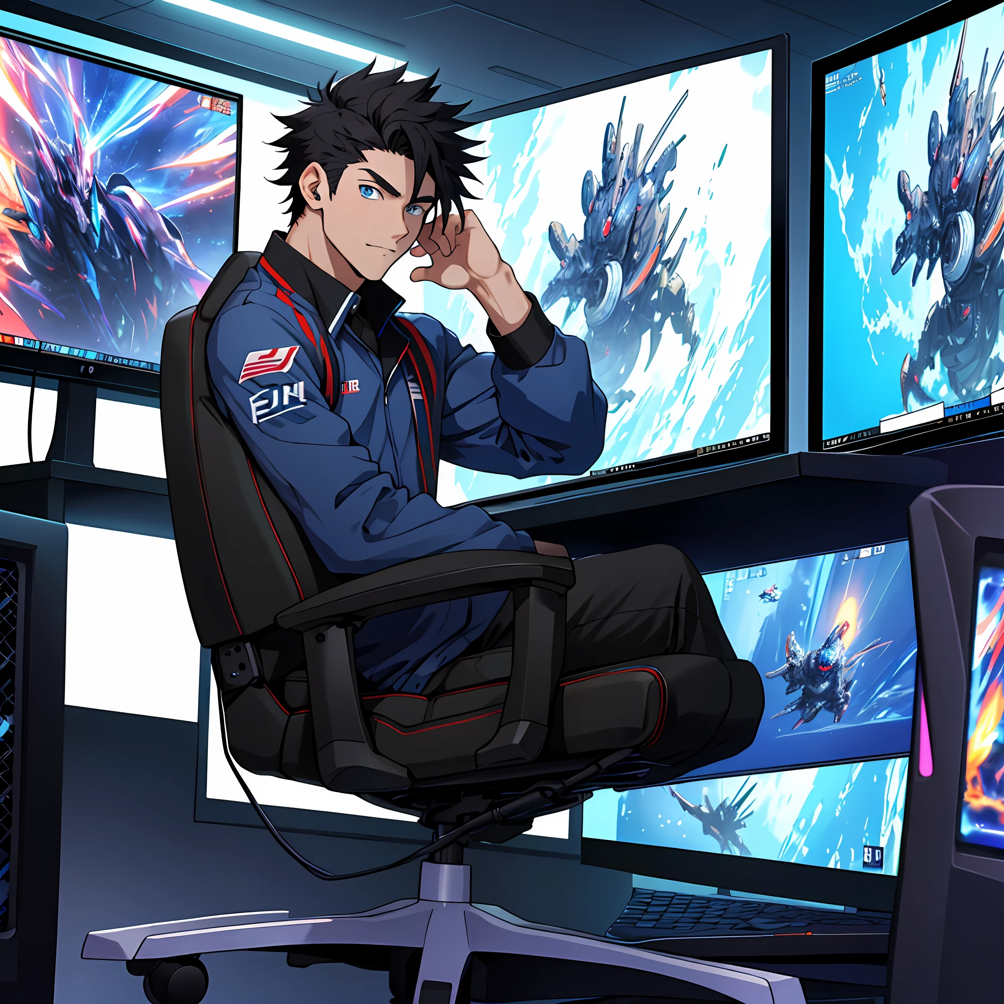 Best quality: 1.0), (Super High Resolution: 1.0), Anime boy, short black hair, blue eyes, sitting in front of computer playing games, background in esports room,