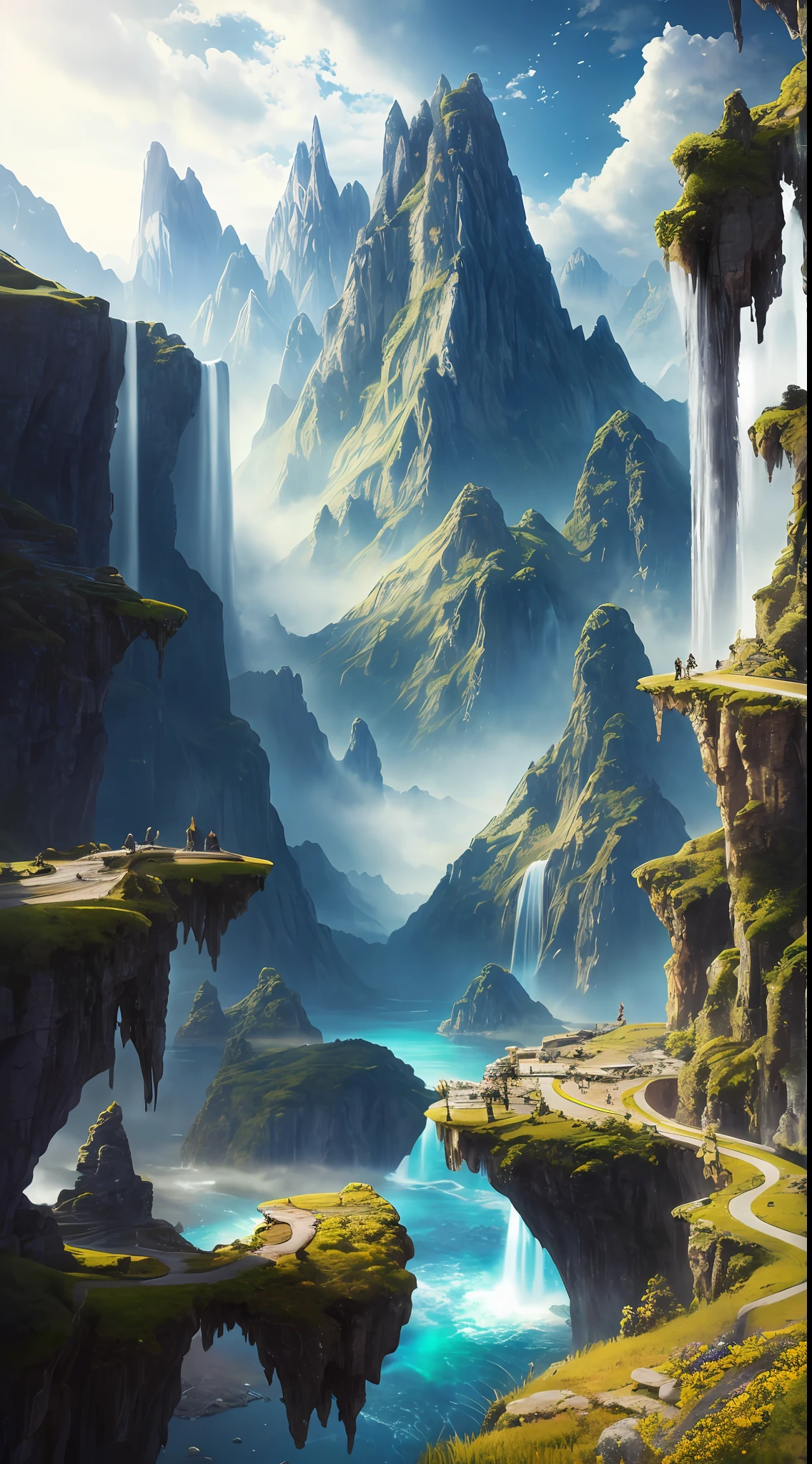 Masterpiece, best quality, high quality, extremely detailed CG unity 8k wallpaper, landscape, outdoor, sky, cloud, sky, no humans, mountain, landscape, water, tree, blue sky, waterfall, cliff, nature, lake, river , cloudy skies, award winning photography, bokeh, depth of field, HDR, bloom, chromatic aberration, photorealism, very detailed, trending on artstation, trending on CGsociety, intricate, high detail, dramatic, midjourney art