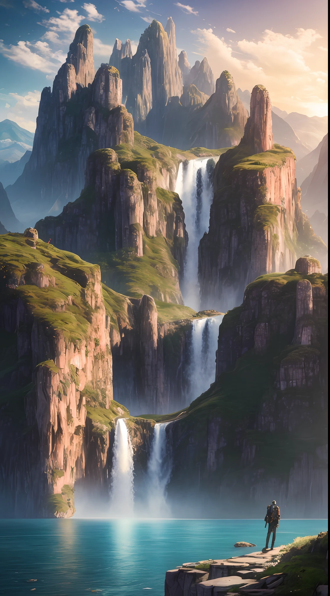 Masterpiece, best quality, high quality, extremely detailed CG unity 8k wallpaper, landscape, outdoor, sky, cloud, sky, no humans, mountain, landscape, water, tree, blue sky, waterfall, cliff, nature, lake, river , cloudy skies, award winning photography, bokeh, depth of field, HDR, bloom, chromatic aberration, photorealism, very detailed, trending on artstation, trending on CGsociety, intricate, high detail, dramatic, midjourney art