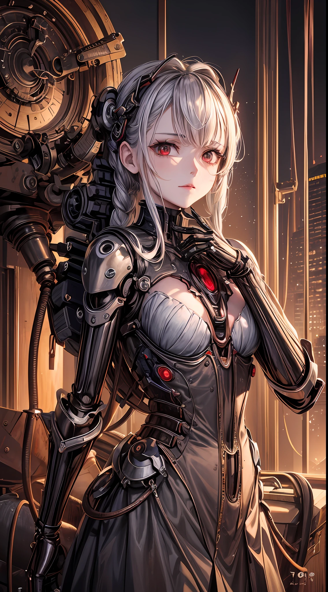 (((Masterpiece))), ((Best Quality)), (Super Detail), (CG Illustration), (Very Evil and Beautiful)), Cinematic Light, ((1 Mechanical Girl)), Single, (Mechanical Art: 1.4), ((Mechanical limb)), (Blood vessel attached to a tube), ((Mechanical spine attached to the back)), ((Mechanical cervical vertebrae attached to the neck), (Back to the viewer)), expressionless, ( Wires and cables attached to the head and body: 1.5), Science Fiction, Apocalypse, Ruins, (Lower Body Integrated with Mechanical Devices), (Blood: 1.5), Cruelty, Absurdity, Eroglotesque, Fusion with Machines, Doomsday Time, Super Future, Inorganic, Laboratory, Restraint, (Beautiful Indulgence: 1.2), (1 Girl: 1.3)