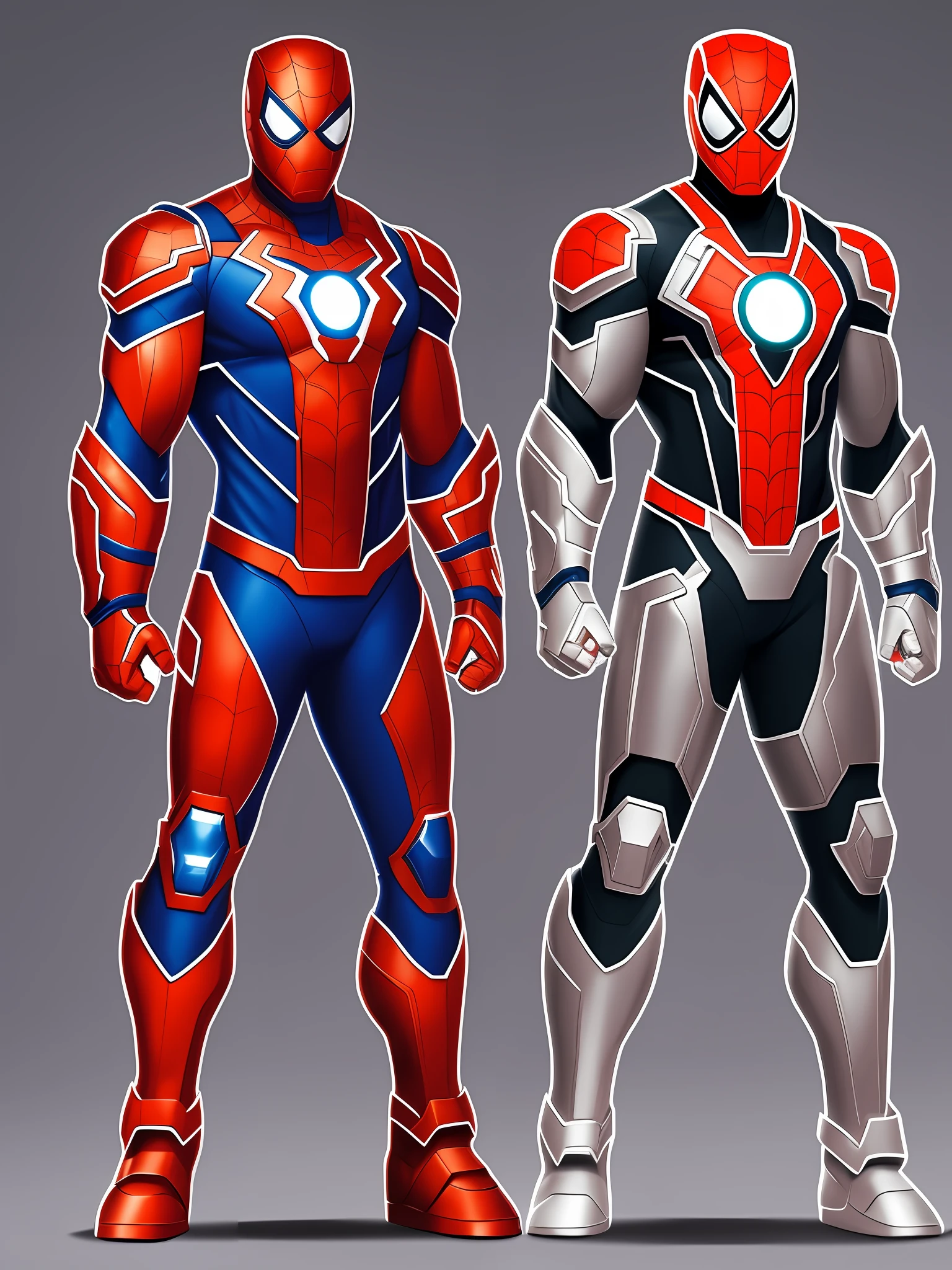 fusion of Ironman and Spiderman fusion character design, full body, legs, full body, a minimalist caricature, clean lines, in sticker format. The background is neutral, allowing the hero to stand out. The colors used are solid and vibrant, creating a striking contrast. The outline is sharp and precise, bringing out the hero's details. The lighting is soft, providing a sense of harmony. The artistic reference for the style is a minimalist artist. The design is centralized, with references to Leonardo Difusion and Midjourney. The image resolution is 8k, using the Engine 5 graphics engine. The art is in 3D format, allowing a three-dimensional visualization of the hero. The image can be resized as needed while maintaining quality. The hero is depicted in full body, full frame, capturing all important details and visual elements, high details, maximum details, 8k, 36k, HDR, highly detailed --auto --s2
