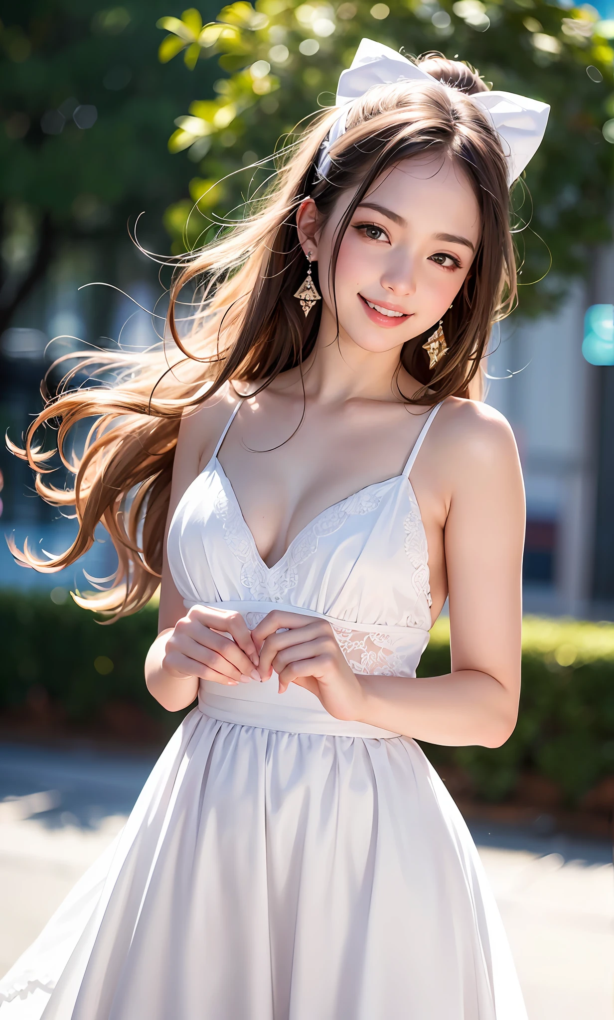 (8k, RAW photos, best quality, High resolution: 1.1), (surreal: 1.4), (realistic, realistic: 1.3), soft light, girl, realistic face, realistic body, realistic skin, absurd, masterpiece, (cute: 1.8), cute, solo, (: 1.2), detailed black eyes, innocent eyes, blush, violinist, (white long dress: 1.2), movie lights, film grains, jewelry, earrings, ((medium hair: 1.1)), (floating hair nova frog style)), cherry lips, headband, hair bow, ponytail, viewer, long hair, open lips, upper teeth, (smiling eyes: 0.6 ), ((grin: 1.2)), depth of field, blurred background, eye focus, bokeh, youth, 85mm lens, f/1.4, professional lighting, youth, photon mapping, radiosity, physically based rendering, braless