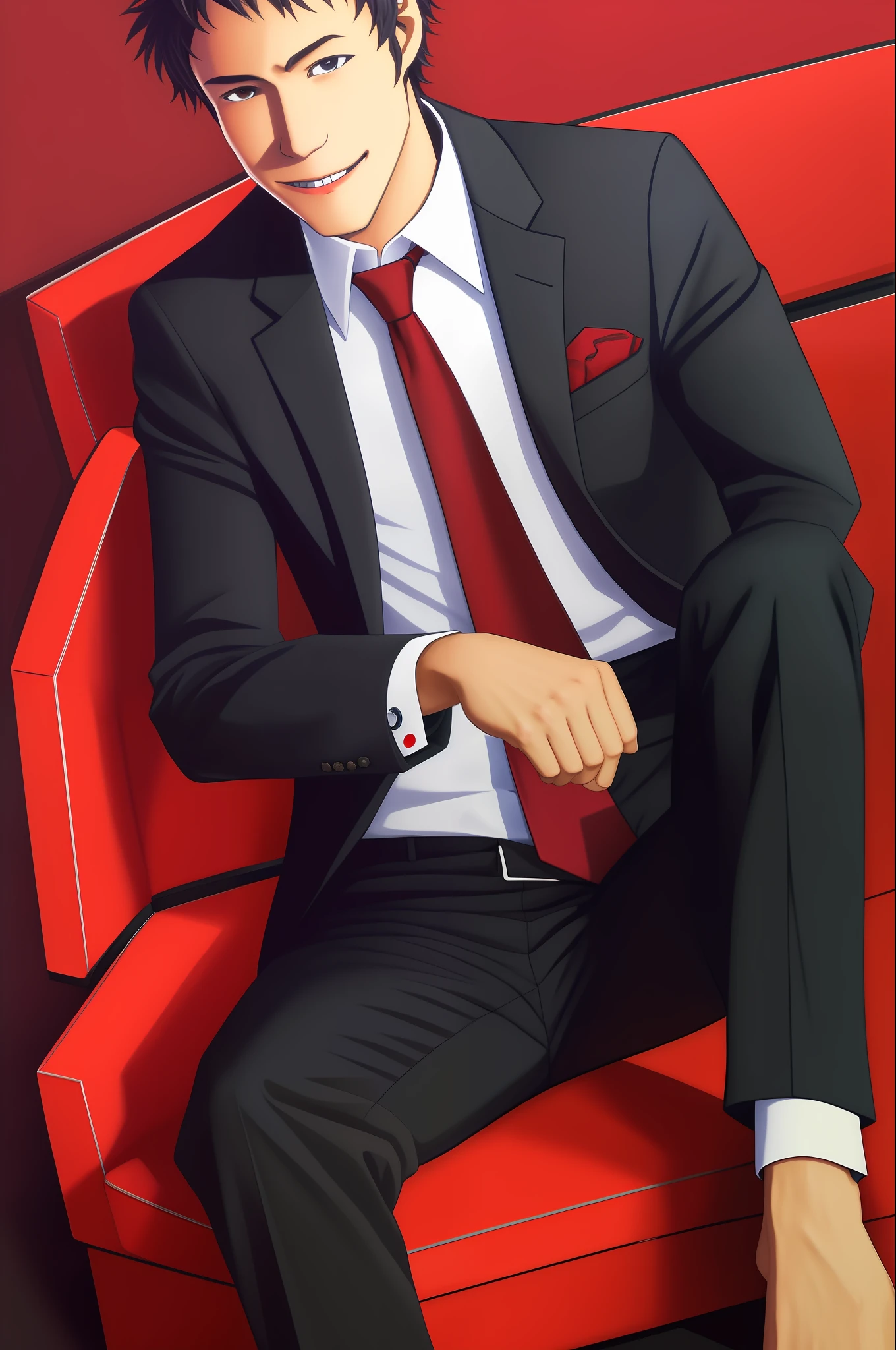 (masterpiece, best quality:1.2), solo, male focus, 1boy, adachi tohru, evil smile, looking at viewer, sitting, crossed legs, formal, suit, red necktie, black pants