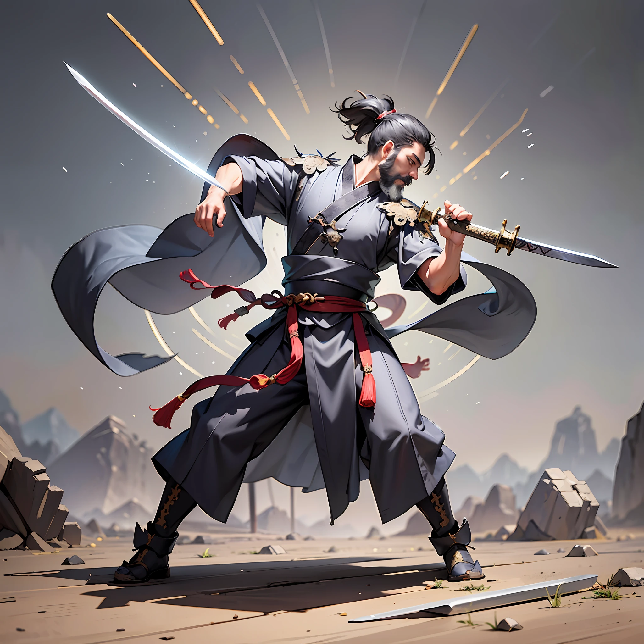 Holding a long sword, ancient illustrations, ink drops, master illustrations, a Chinese martial arts master, long gray beard, robe, martial arts grandmaster, standing in front of thousands of troops, showing the back of the figure, ancient battlefield Chinese style --auto --s2