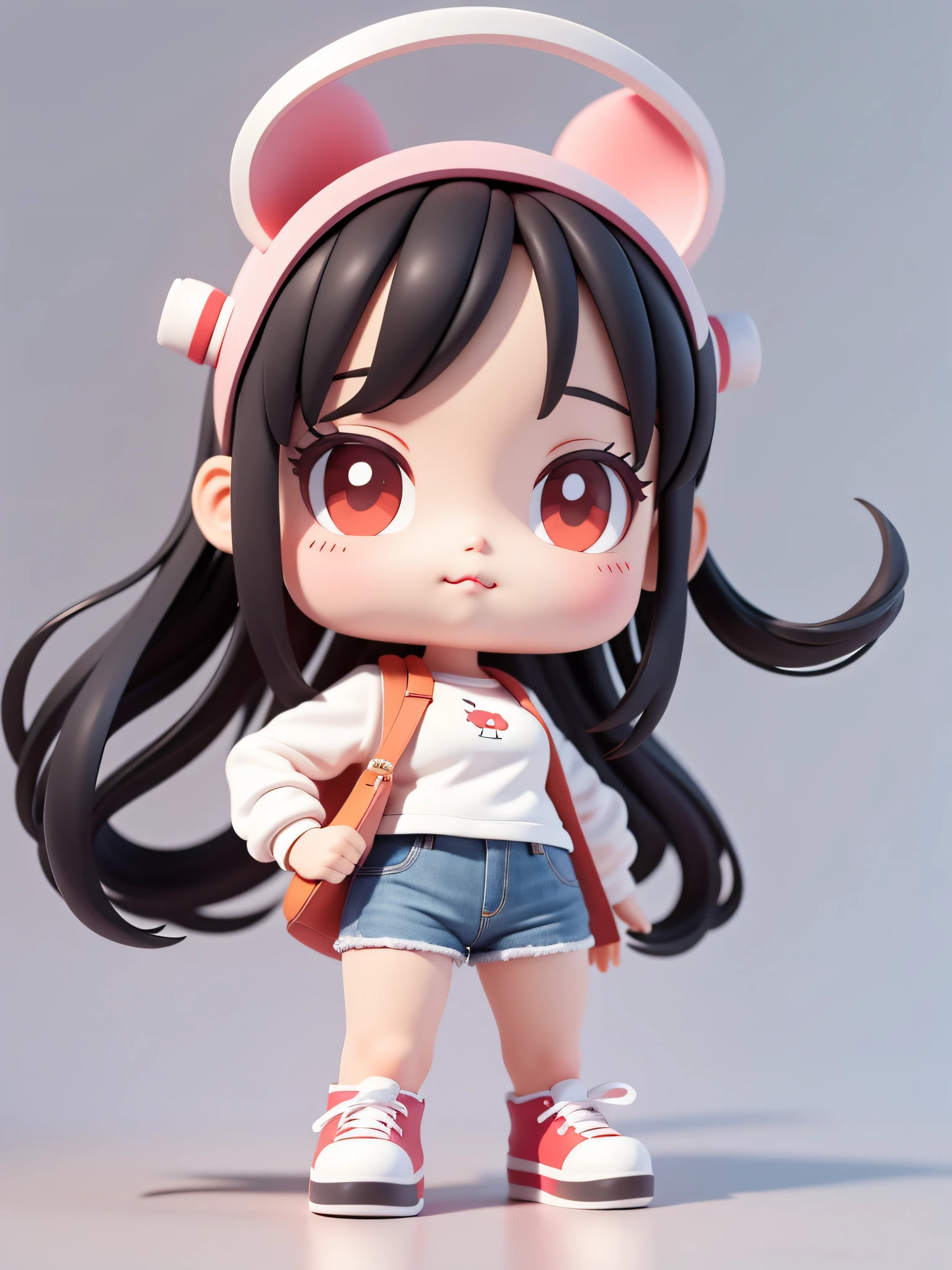 Cartoon girl standing in jeans and white shirt, black hair, face with red halo, cute cartoon style, cute cartoon character, chibi girl, cute cartoon, cute art style, character is her natural pose, cartoon cute, cartoon art style, cartoon style illustration, chibi style, cute illustration, full body portrait short! , simple cartoon style, cartoon art style, in cartoon style