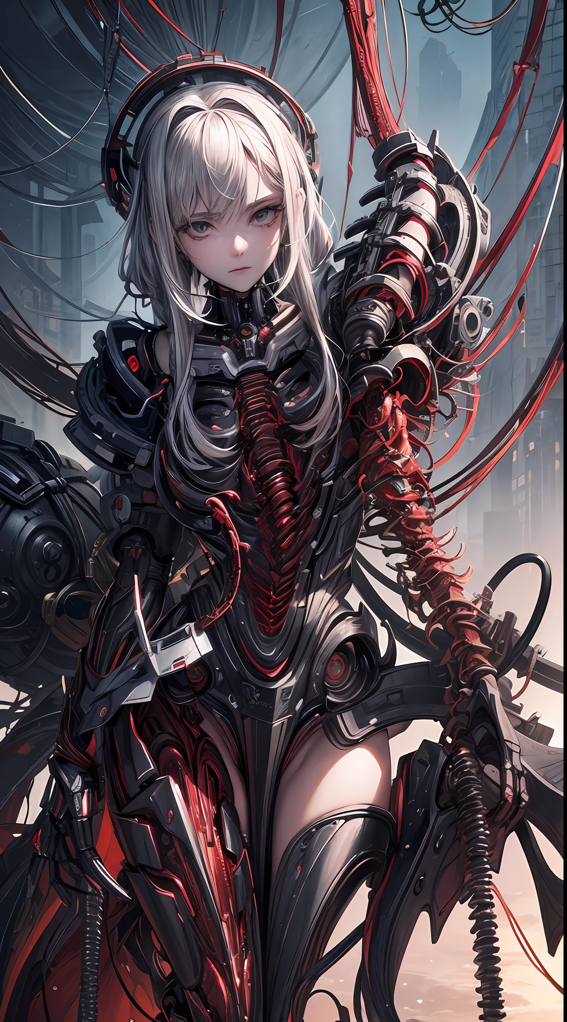 (((Masterpiece))), ((Best Quality)), (Super Detail), (CG Illustration), (Very Evil and Beautiful)), Cinematic Light, ((1 Mechanical Girl)), Single, (Mechanical Art: 1.4), ((Mechanical limb)), (Blood vessel attached to a tube), ((Mechanical spine attached to the back)), ((Mechanical cervical vertebrae attached to the neck), (Back to the viewer)), expressionless, ( Wires and cables attached to the head and body: 1.5), Science Fiction, Apocalypse, Ruins, (Lower Body Integrated with Mechanical Devices), (Blood: 1.5), Cruelty, Absurdity, Eroglotesque, Fusion with Machines, Doomsday Time, Super Future, Inorganic, Laboratory, Restraint, (Beautiful Indulgence: 1.2), (1 Girl: 1.3)