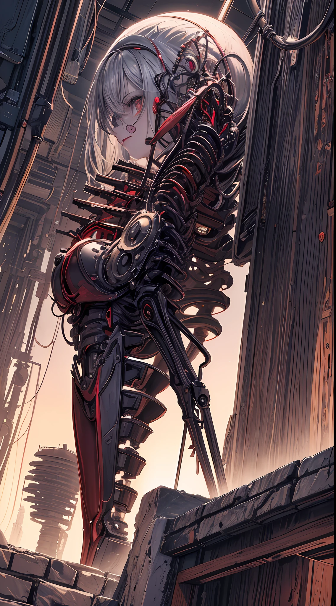 (((Masterpiece))), ((Best Quality)), (Super Detail), (CG Illustration), (Very Evil and Beautiful)), Cinematic Light, ((1 Mechanical Girl)), Single, (Mechanical Art: 1.4), ((Mechanical limb)), (Blood vessel attached to a tube), ((Mechanical spine attached to the back)), ((Mechanical cervical vertebrae attached to the neck), (Back to the viewer)), expressionless, ( Wires and cables attached to the head and body: 1.5), Science Fiction, Apocalypse, Ruins, (Lower Body Integrated with Mechanical Devices), (Blood: 1.5), Cruelty, Absurdity, Eroglotesque, Fusion with Machines, Doomsday Time, Super Future, Inorganic, Laboratory, Restraint, (Beautiful Indulgence: 1.2), (1 Girl: 1.3)