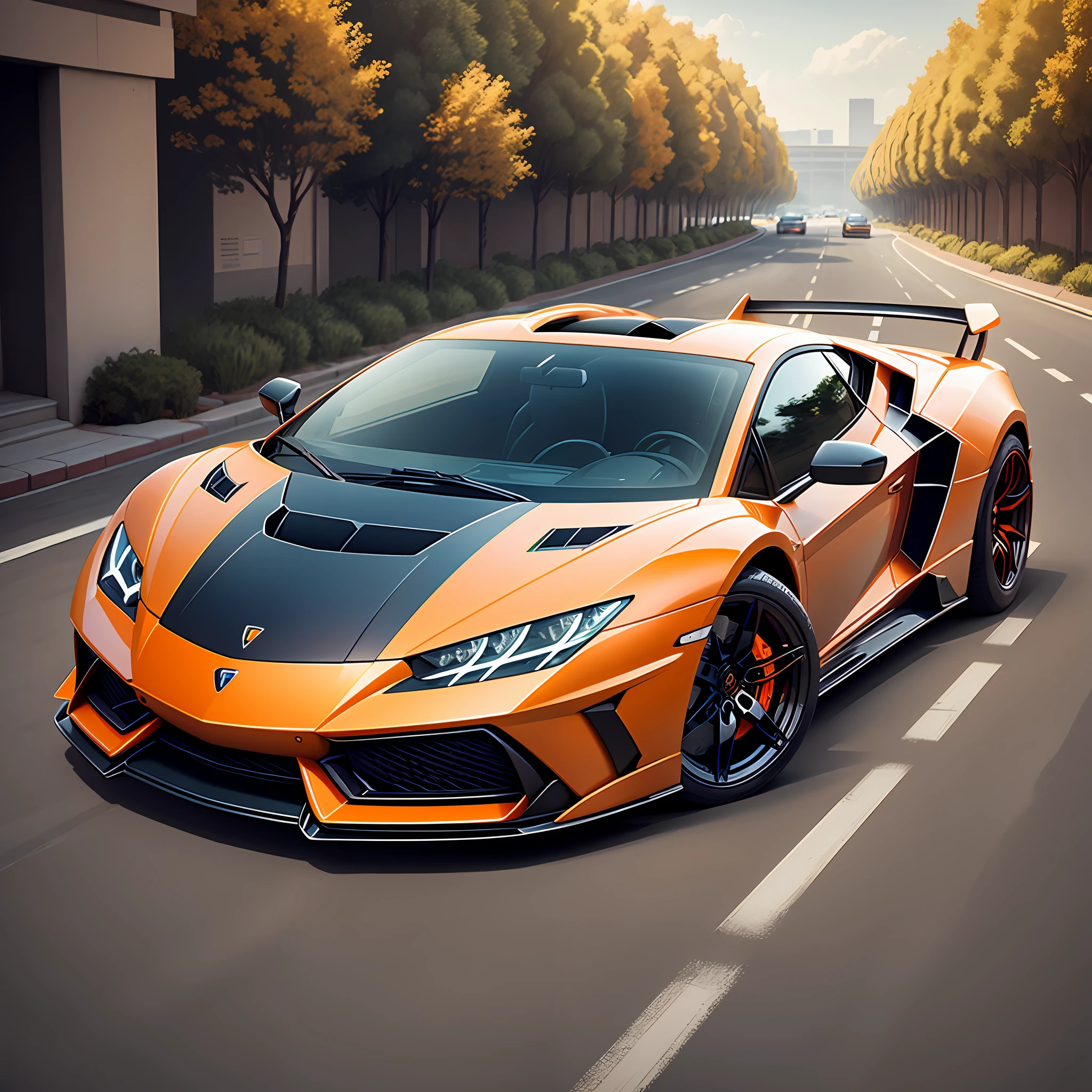 generate a tiger wathing mobile and seat on top lamborghini car orange --auto --s2