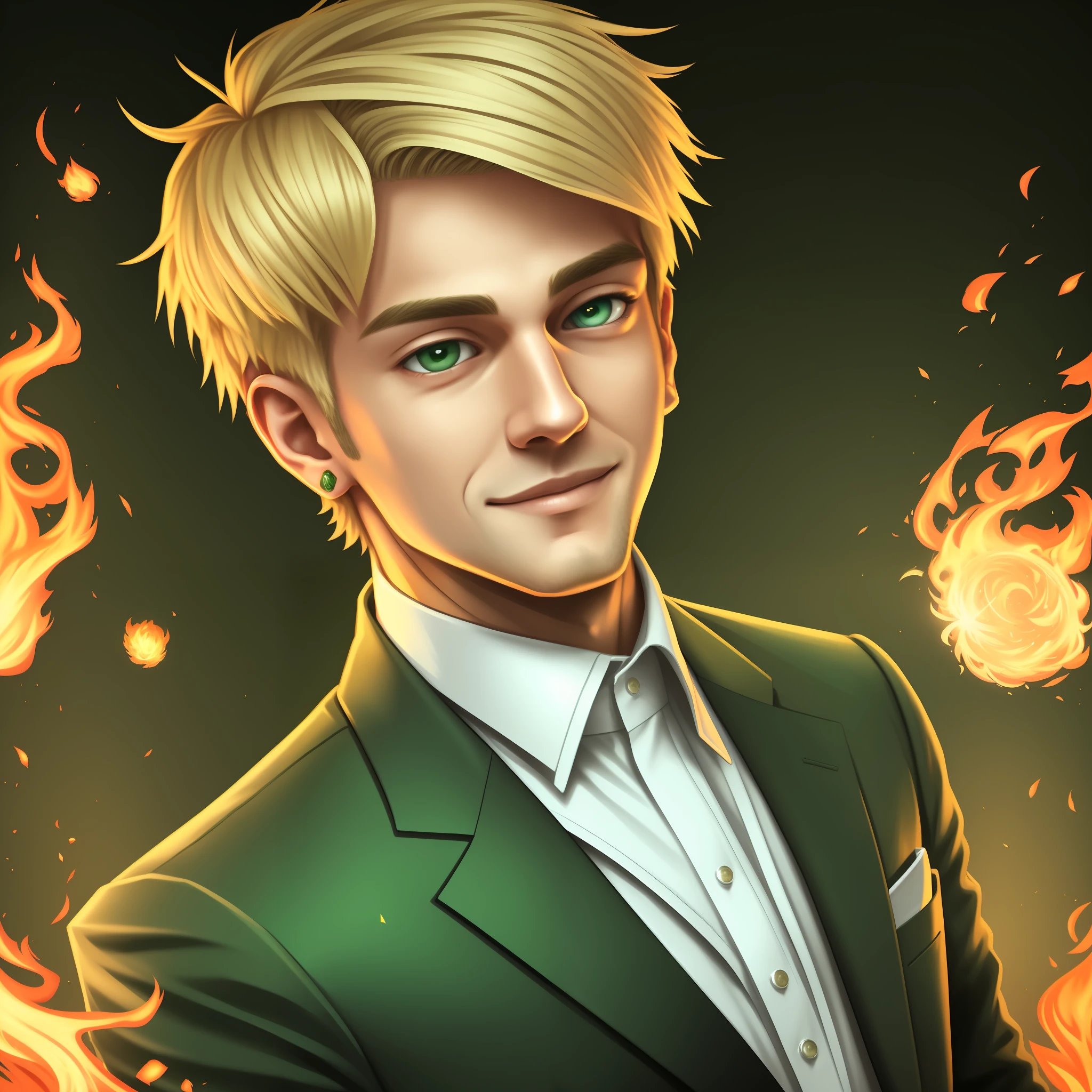 Drawing, portrait, realistic fantasy, high detail, 8kk, portrait, guy 28 years old, blonde hair, short haircut, charming smile, cheerful and piercing look, green eyes, dressed in a three-piece suit, fiery particles in the air, --auto --s2