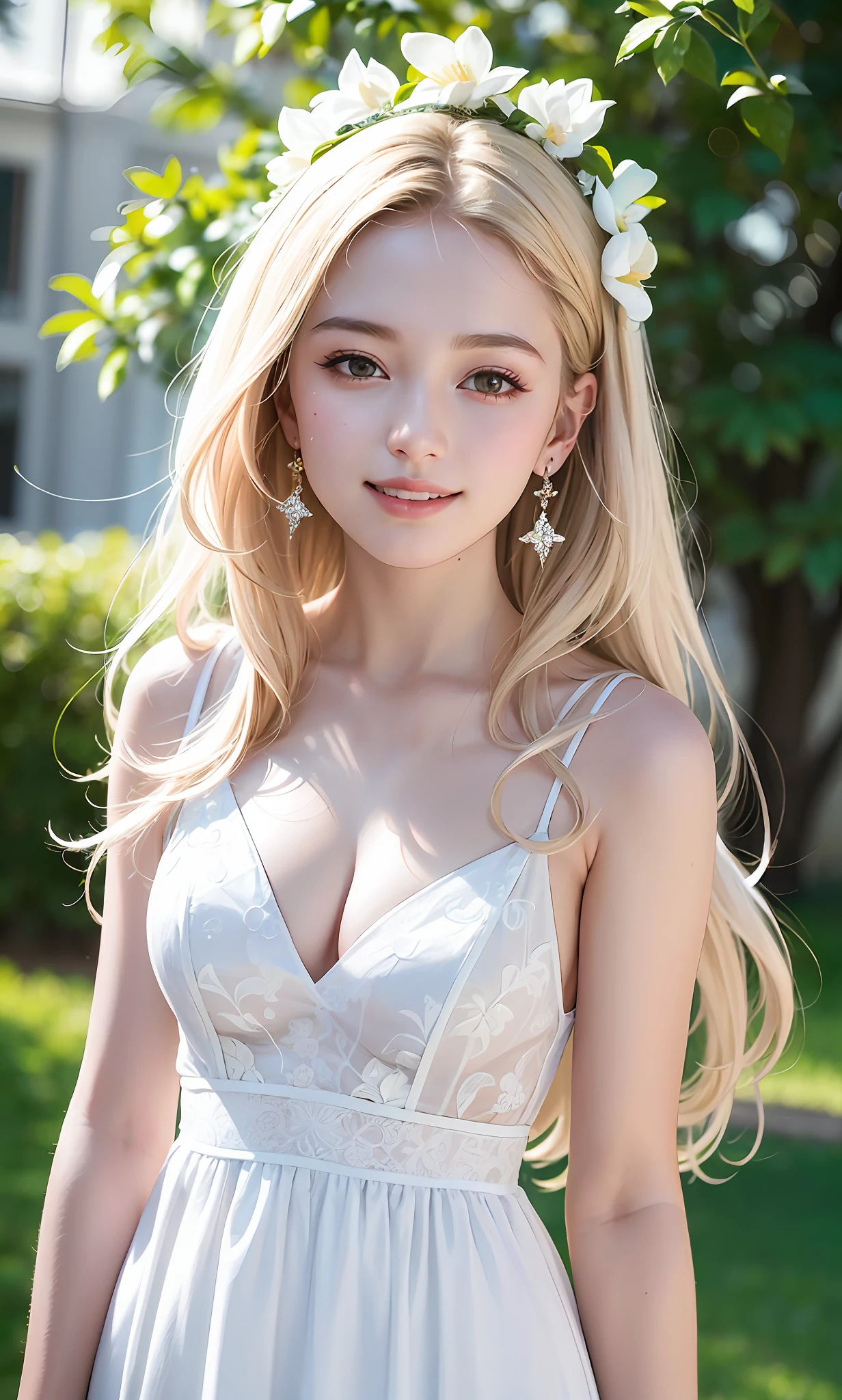 (8k, RAW photos, best quality, High resolution: 1.1), (surreal: 1.4), (realistic, realistic: 1.3), soft light, girl, realistic face, realistic body, realistic skin, absurd, masterpiece, (cute: 1.8), cute, solo, (: 1.2), detailed black eyes, innocent eyes, blush, violinist, (white long dress: 1.2), movie lights, film grains, jewelry, earrings, ((medium hair: 1.1)), (floating hair nova frog style)), cherry lips, headband, hair bow, ponytail, viewer, long hair, open lips, upper teeth, (smiling eyes: 0.6 ), ((grin: 1.2)), depth of field, blurred background, eye focus, bokeh, youth, 85mm lens, f/1.4, professional lighting, youth, photon mapping, radiosity, physically based rendering, braless