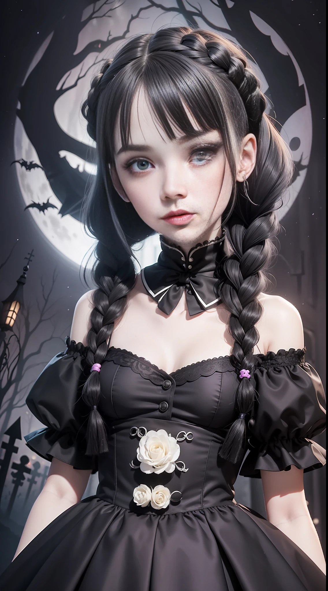 Best quality, 8K,
watercolor, fisheye lens,
Addams Family, girl like a French doll, black hair, twin braids, slender, small breasts, pale skin, white face, lifeless face, black lipstick, black sheath dress,
midnight background, nightmare before christmas cemetery, full moon lighting,