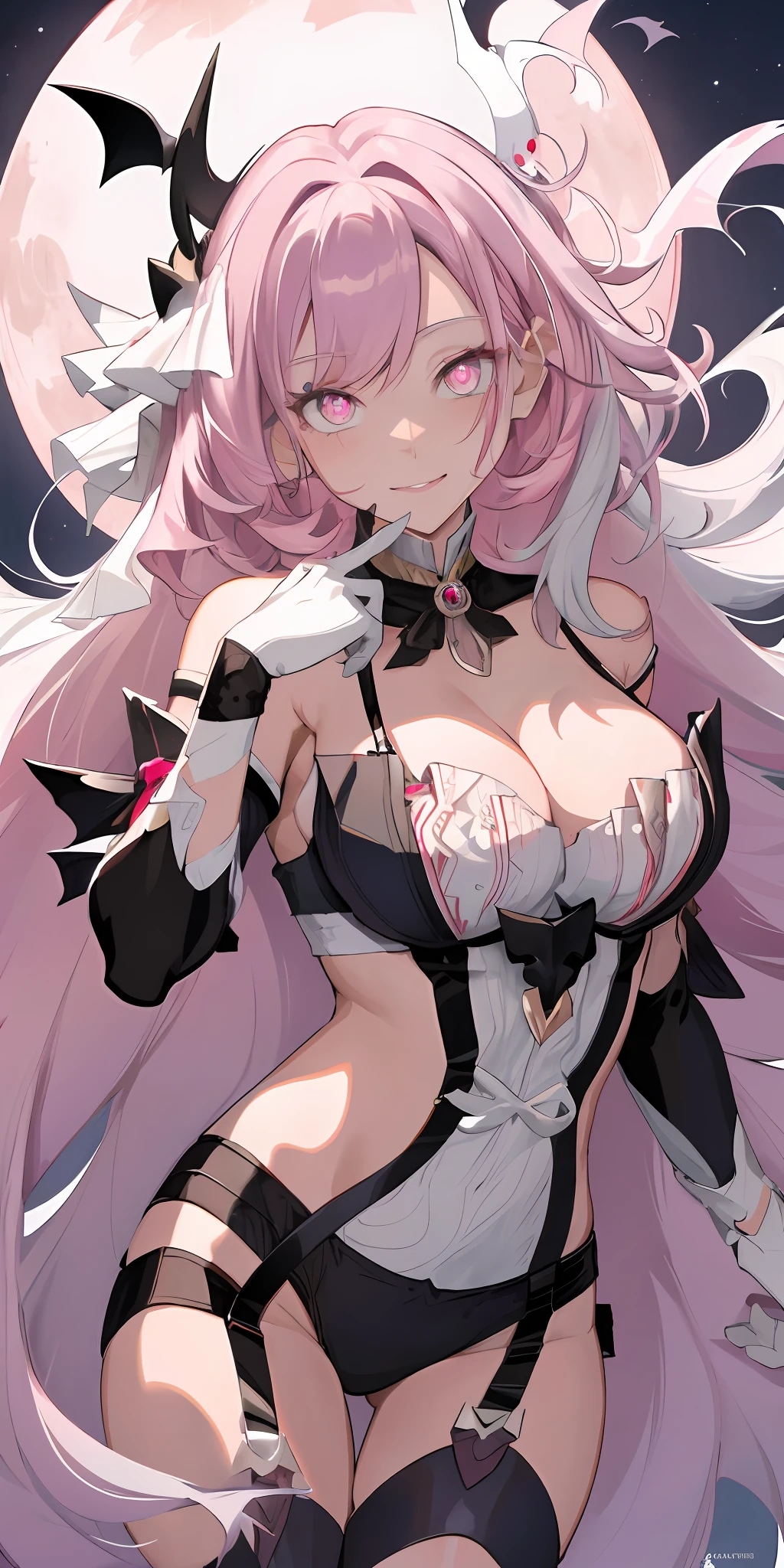 Vampire, bat wings, night sky, red moon, yandere smile, psychopathic smile, blood on face, blooded background, evil smile, teeth fangs, eyes shaped symbol| + |, cleavage, hq, 8k, large breasts, revealing cleavage, pulling shirt down, big boobs, squeezing breasts, lustful face, biting lips, blushing, vivid colours, high contrast, colorful, wallpaper, pink lingerie, lingerie only, garter belt, pink panties, pantie flash, visible panty, white pantyhose