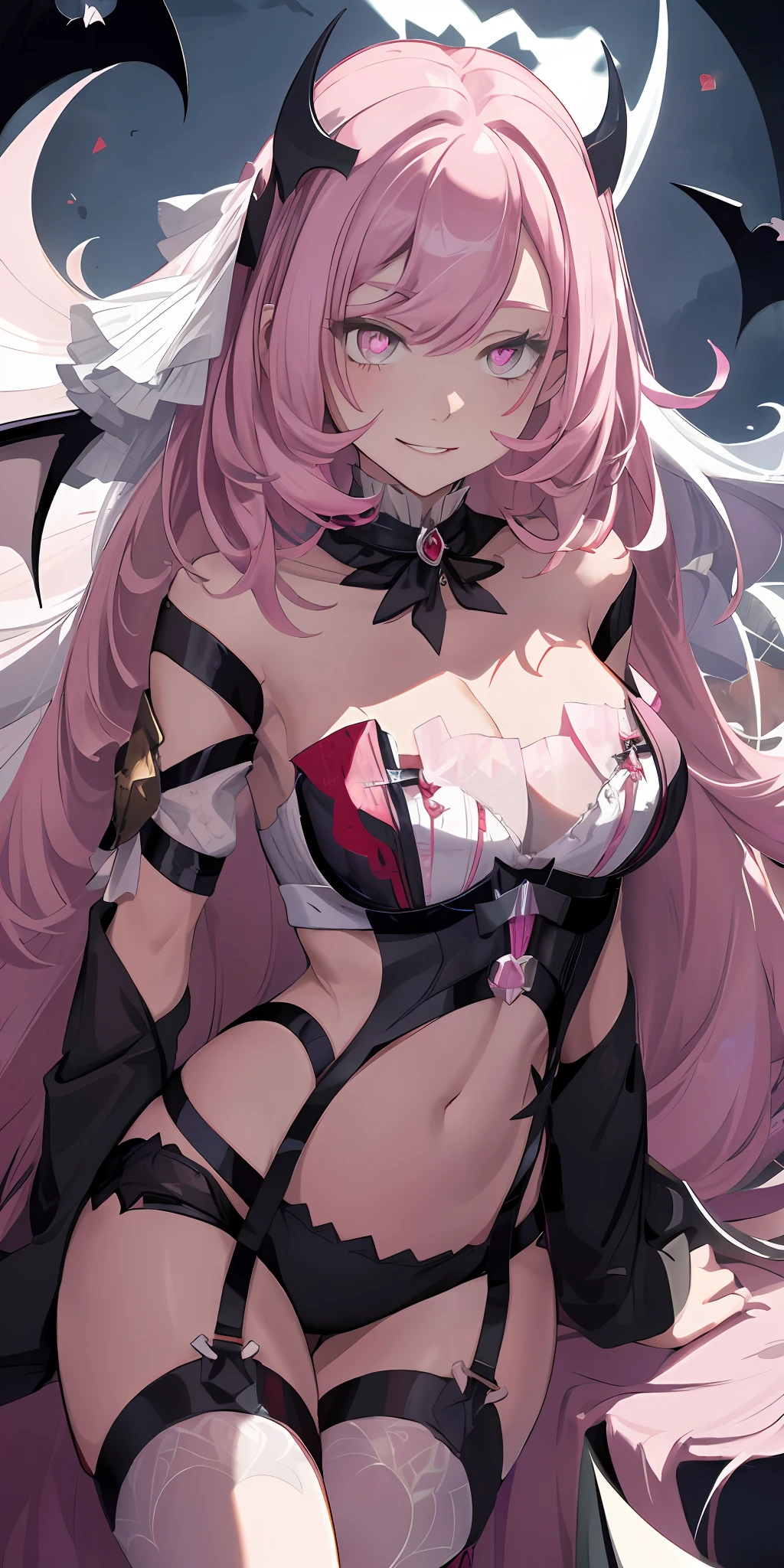 Vampire, bat wings, night sky, red moon, yandere smile, psychopathic smile, blood on face, blooded background, evil smile, teeth fangs, eyes shaped symbol| + |, cleavage, hq, 8k, large breasts, revealing cleavage, pulling shirt down, big boobs, squeezing breasts, lustful face, biting lips, blushing, vivid colours, high contrast, colorful, wallpaper, pink lingerie, lingerie only, garter belt, pink panties, pantie flash, visible panty, white pantyhose