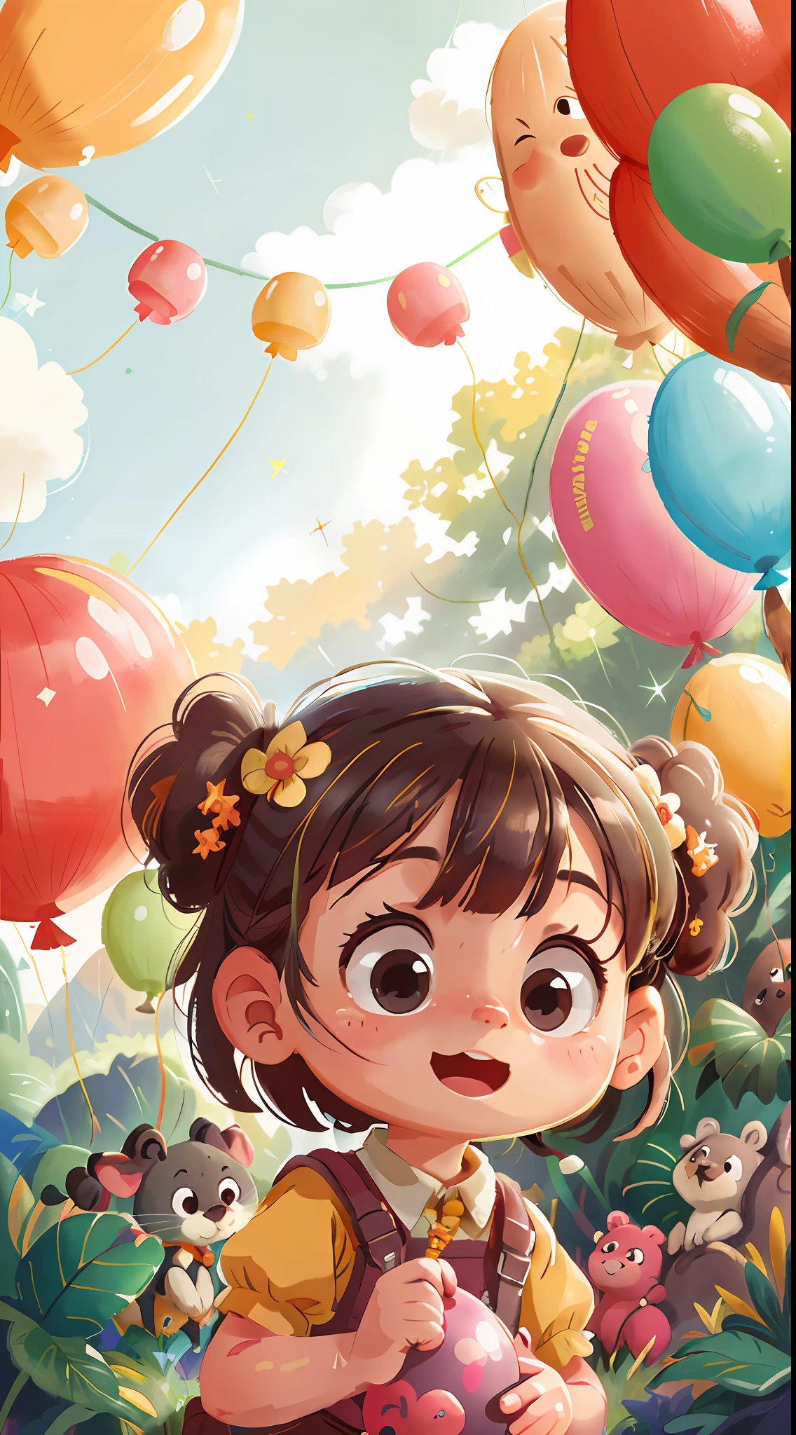 A girl with a zoo, many balloons, happy, happy, perfect quality, clear focus (clutter-home: 0.8), (masterpiece: 1.2) (Realistic: 1.2) (Bokeh) (Best quality) (Detailed skin: 1.3) (Intricate details) (8K) (Detail eyes) (Sharp focus), (Happy)