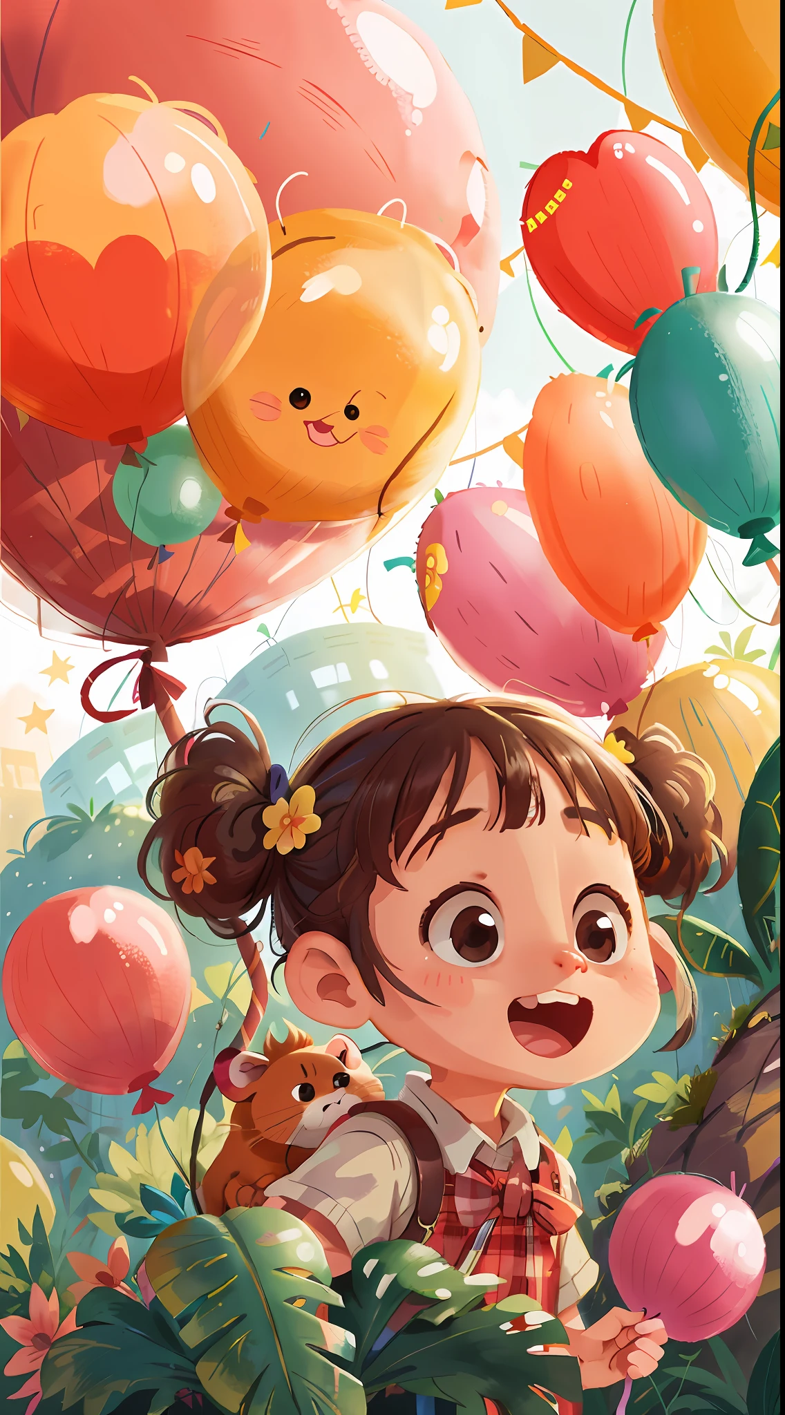 A girl with a zoo, many balloons, happy, happy, perfect quality, clear focus (clutter-home: 0.8), (masterpiece: 1.2) (Realistic: 1.2) (Bokeh) (Best quality) (Detailed skin: 1.3) (Intricate details) (8K) (Detail eyes) (Sharp focus), (Happy)