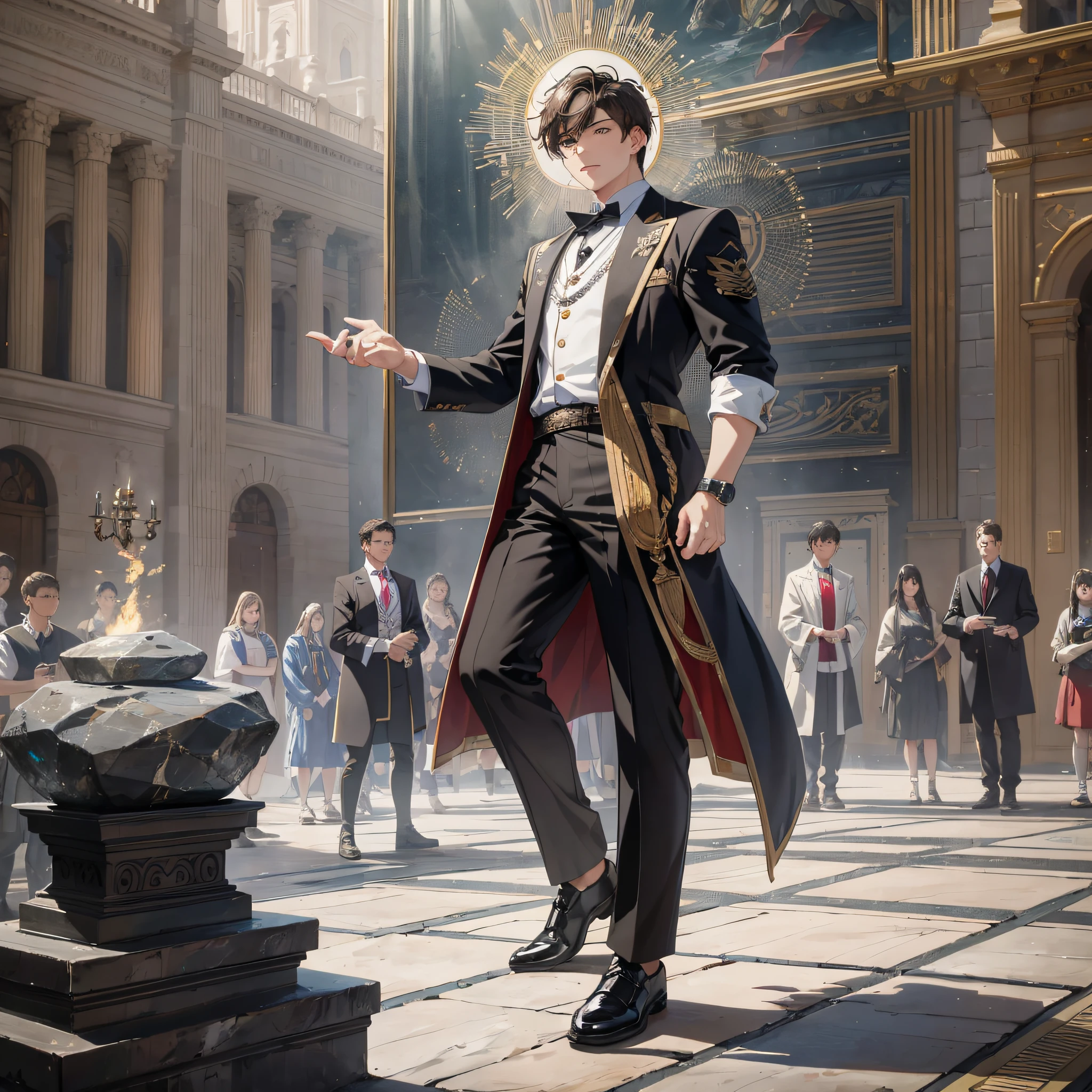 Awakening ceremony, absurd resolution, high resolution, (masterpiece: 1.4), hyper-detail, 1boy, mature man, brunette man, high school student dressed up, grim expression, full body photo, on the stage, many spectators in the audience, touching a huge black stone with one hand