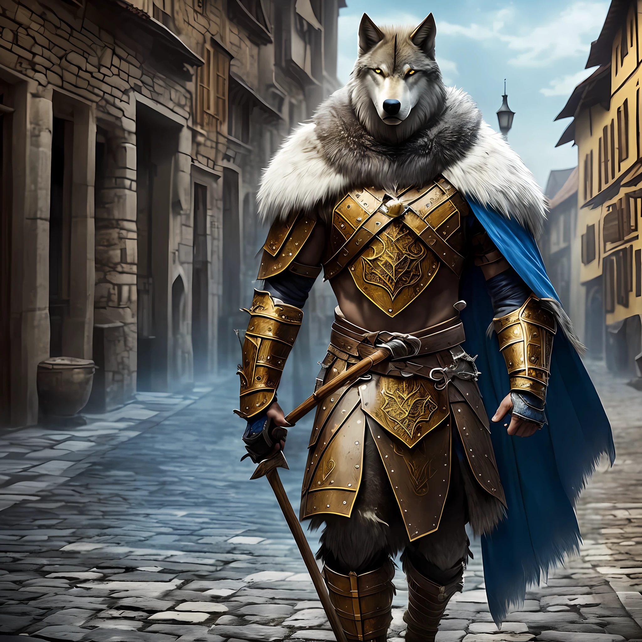 Tall, muscular young man with shaved hair, yellow eyes, wearing a fur cape and blue medieval armor with an axe on his back, walking in a medieval square mounted on a giant wolf a. Realistic, Full HD, best quality --s6 --auto