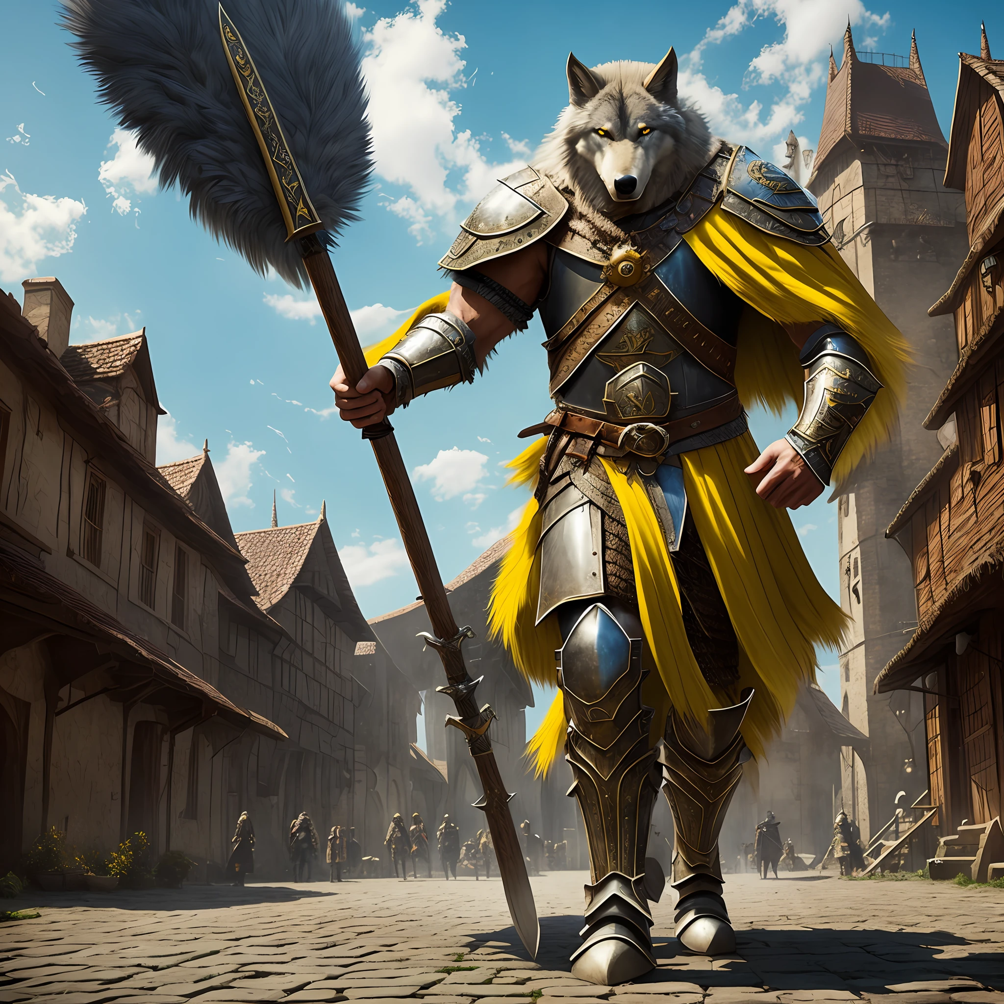 Tall, muscular young man with shaved hair, yellow eyes, wearing a fur cape and blue medieval armor with an axe on his back, walking in a medieval square mounted on a giant wolf a. Realistic, Full HD, best quality --s6 --auto