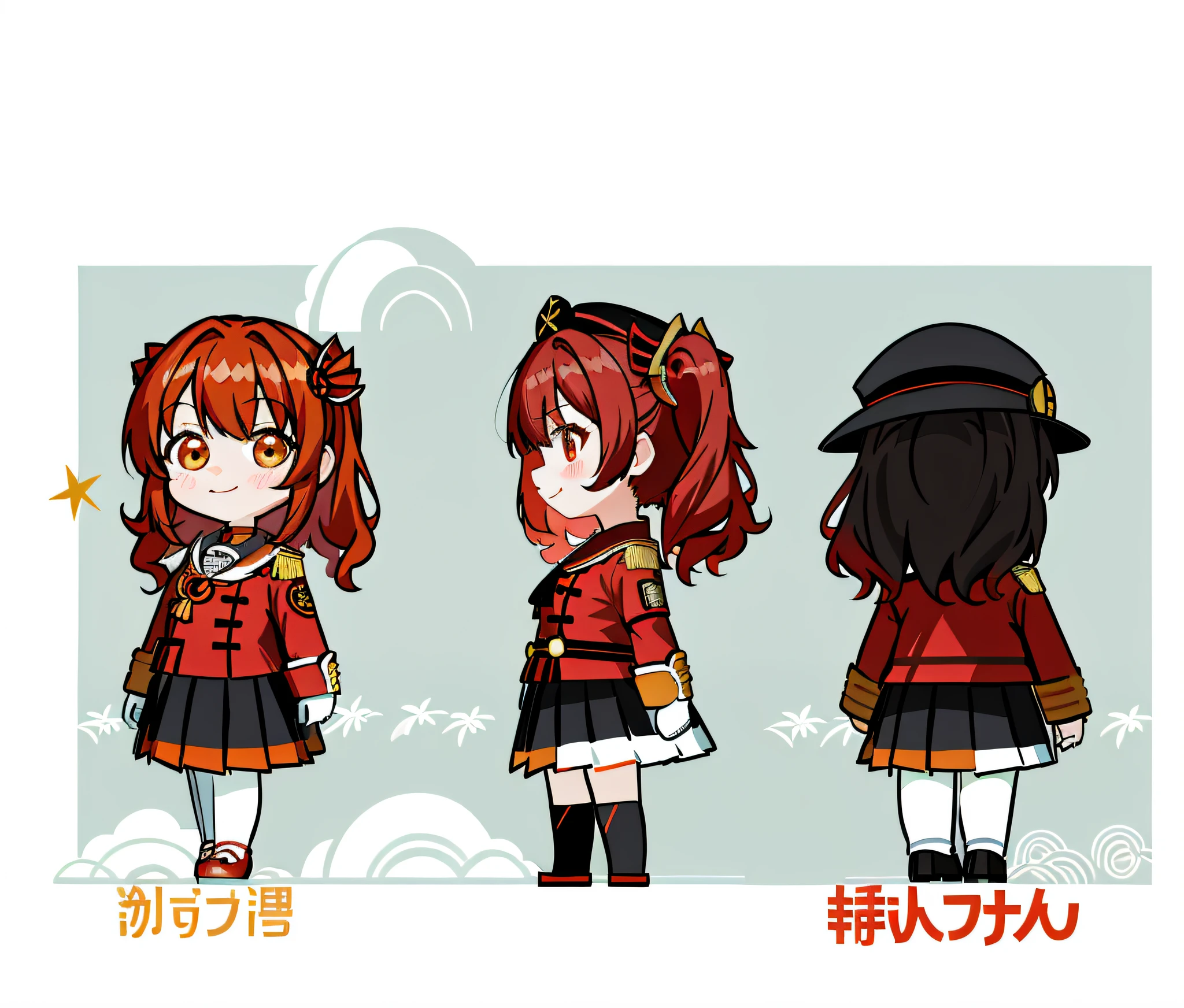 Manga Red Uniform Girl Raises Her Hand and Waves, Heroine: 8, Heroine 👀, Red Uniform, Official Character Art, Sekita Collection Style, Haruma Yayoi, Wearing a Red Captain Uniform, Best Anime 4K Konachan Wallpaper, Mechanized Soldier Girl, Spy X Family Anya, Kusart Krenz, Ayaka Genshin Impact, Three Views, Side View, Full Body Close-up, Black Shoes, Beautiful Face, Smile, High Detail Skin: 1.2), 8K UHD, DSLR, Soft Light, High Quality, Volume Light, Voyeur, Photos, High resolution, 4K, 8K, Bokeh,