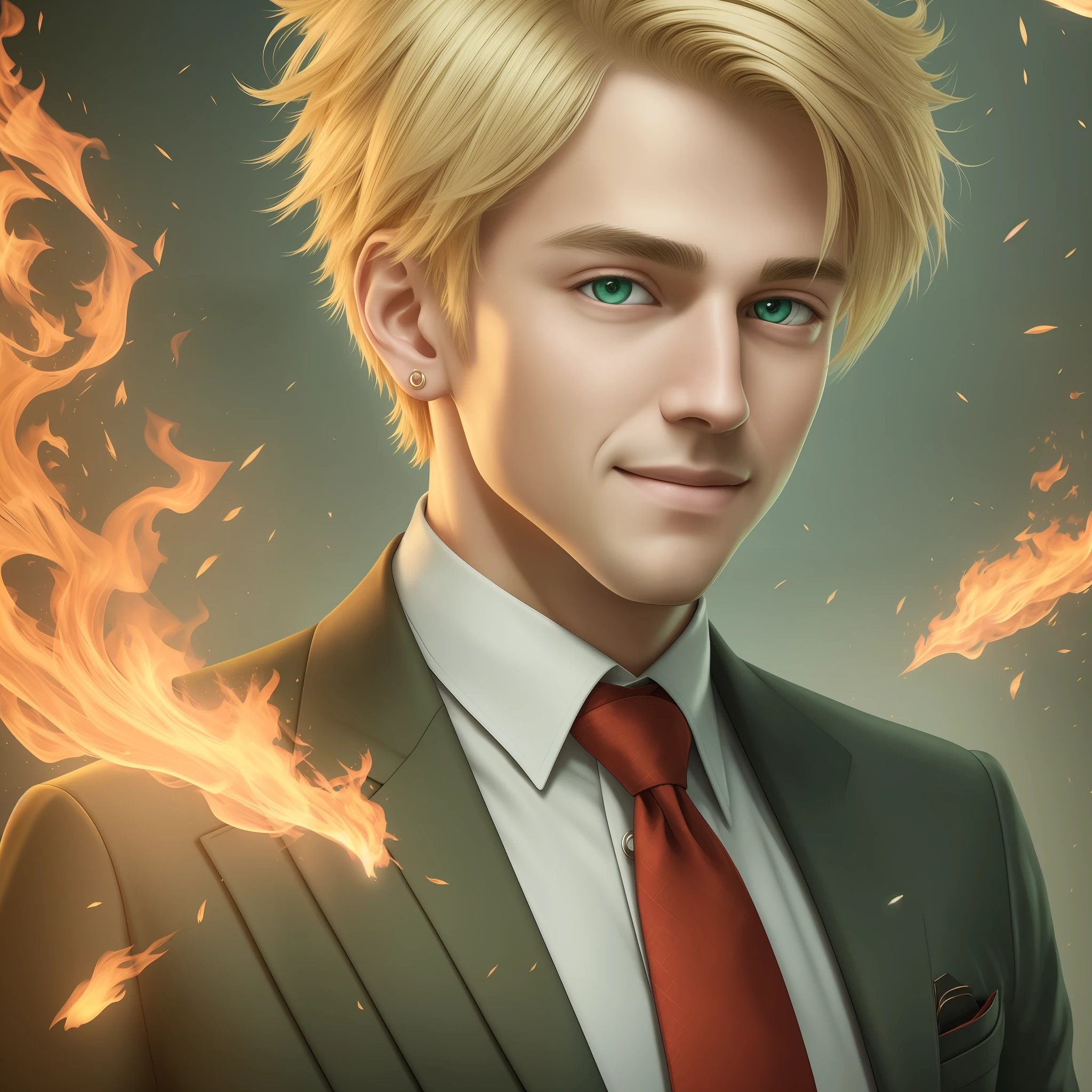realistic fantasy, high detail, 8kk, portrait, guy 28 years old, blonde hair, short haircut, charming smile, cheerful and piercing look, green eyes, dressed in a three-piece suit, fire particles in the air, --auto --s2
