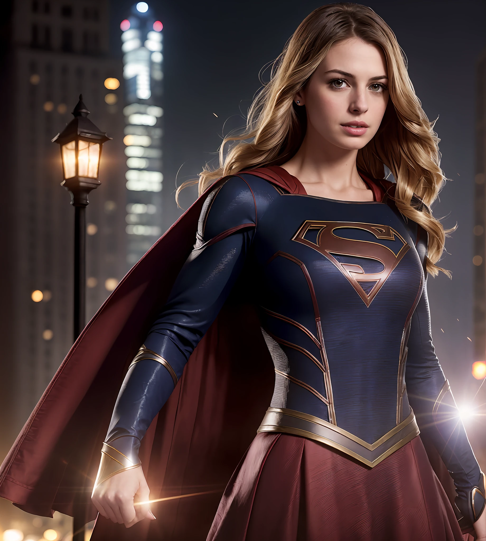 Supergirl Costume, SKS Woman Photo Anne Hathaway , ((Detailed Face)), (Canon M50), ((Award-winning), (High Detail), Sharp, 8k, Film Lighting, Soft Lighting, Greg Rutkowski, Art Radio Trends, Complex, Gothic Costume, Victoria's Secret,