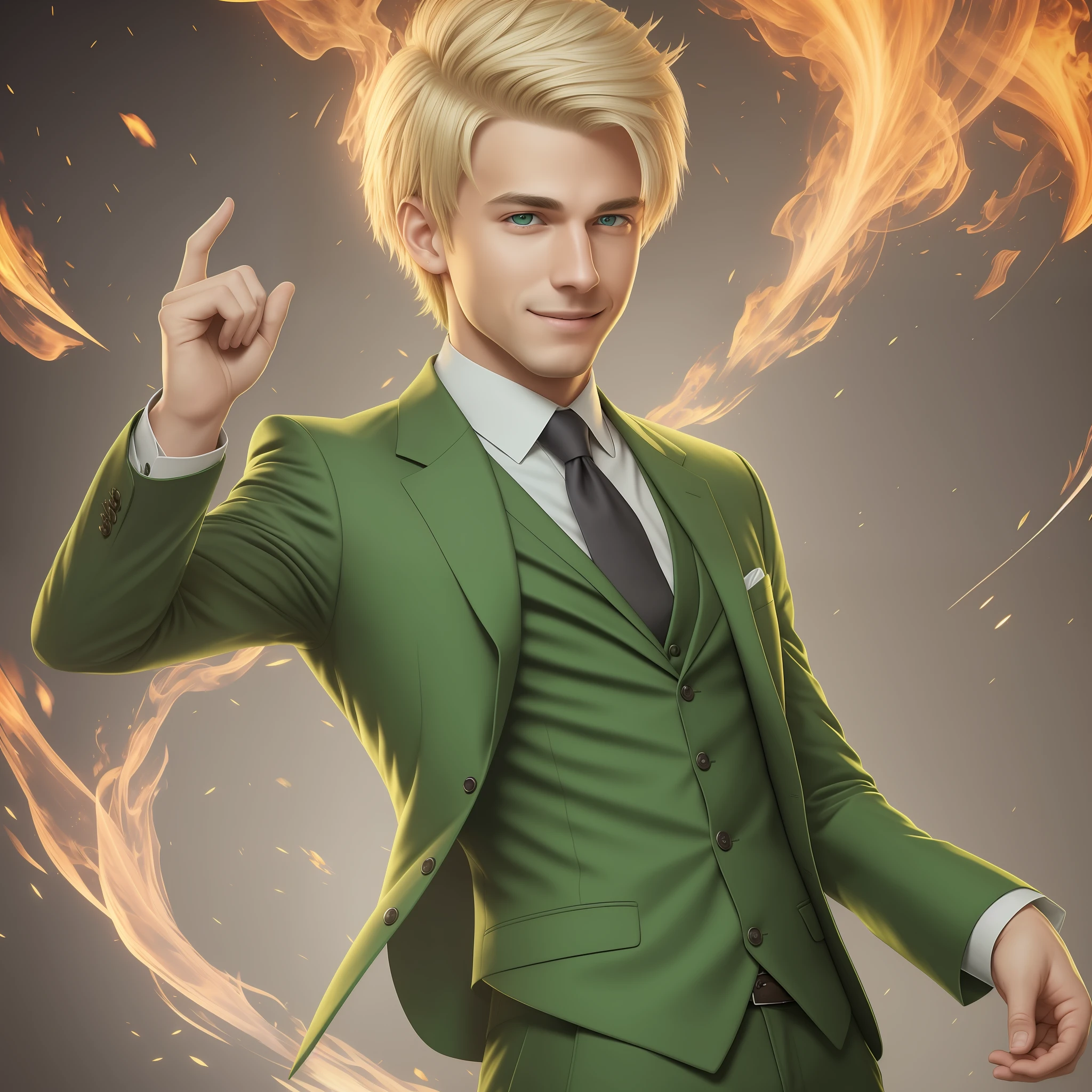 realistic fantasy, high detail, 8kk, portrait, guy 28 years old, blonde hair, short haircut, charming smile, cheerful and piercing look, green eyes, dressed in a three-piece suit, fire particles in the air, --auto --s2
