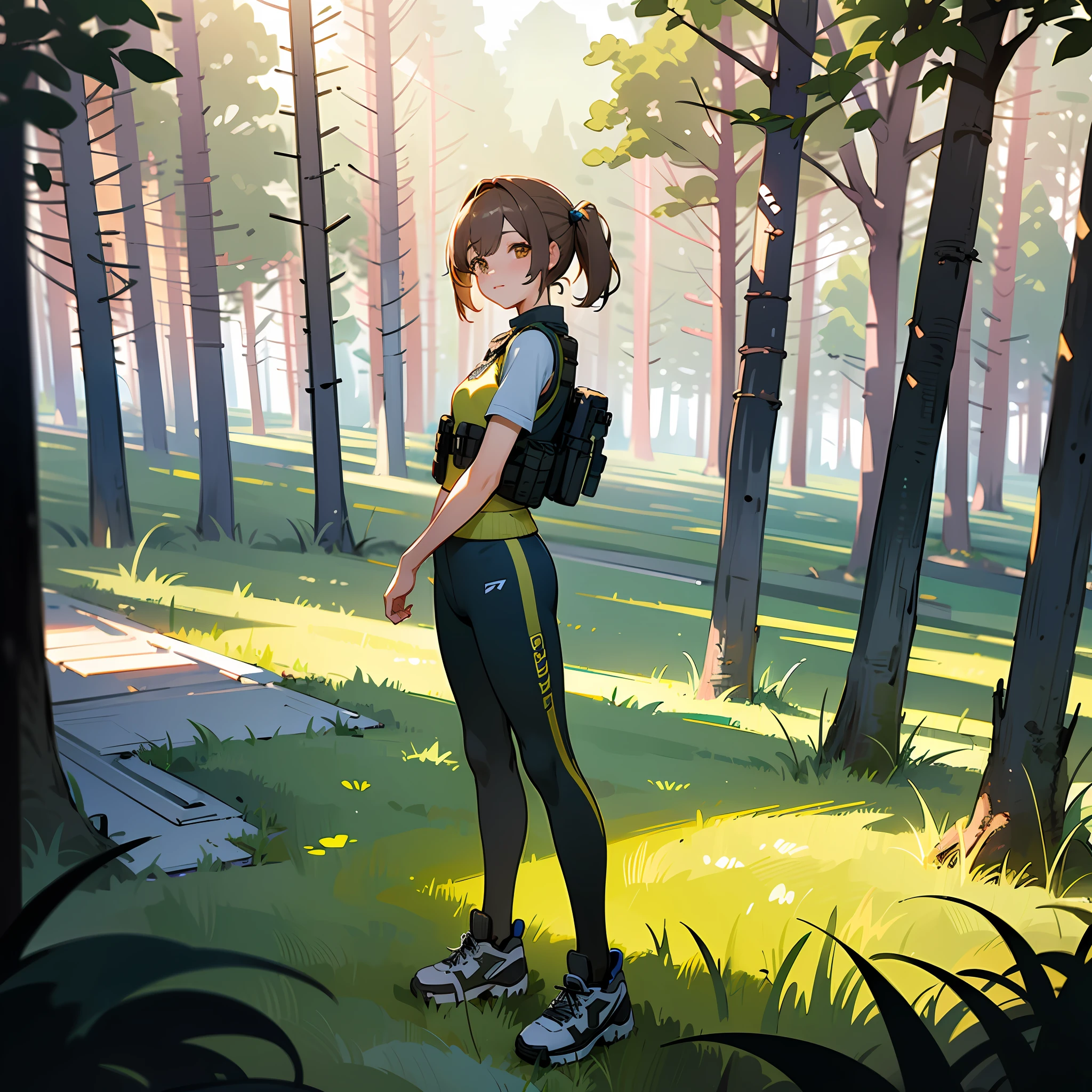 ((high quality)), ((masterpiece)), 8k, 1girls, bulletproof vest, light rays, extremely detailed CG unity 8k wallpaper, game cg, looking at viewer , full body, Sports clothing , terrace , forest landscape ,