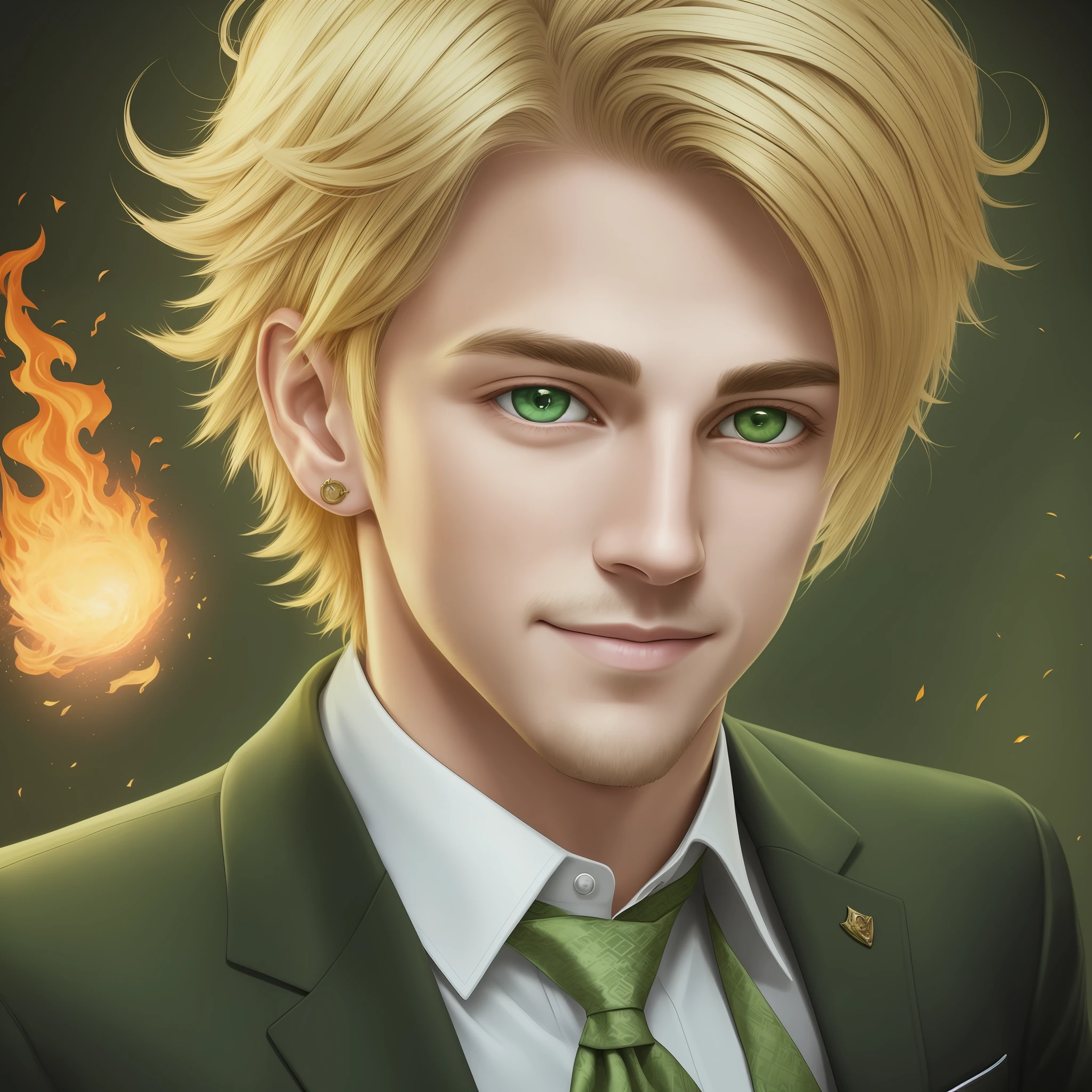 Drawing, realistic fantasy, high detail, 8kk, portrait, guy 28 years old, blonde hair, short haircut, charming smile, cheerful and piercing look, green eyes, dressed in a three-piece suit, fiery particles in the air, --auto --s2