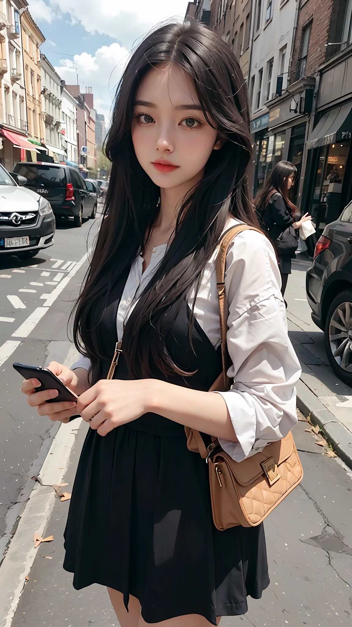 beautiful woman, fiddling with her phone in the middle of the street, long-haired, dark-haired,