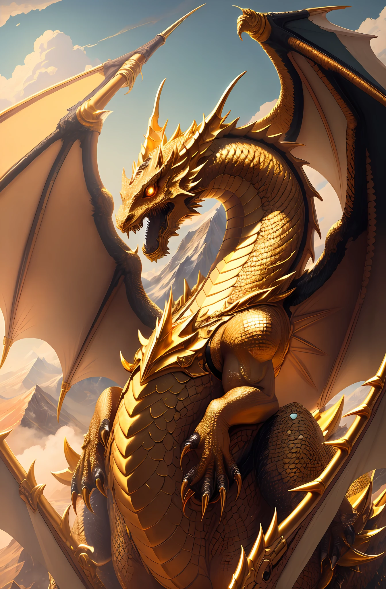 (16k, masterpiece, best quality), ultra-detailed, high quality, high resolution, gold dragon, light, holy, mountain, detailed scale, detailed claws, open wing, dragon breath, outdoor, sky, close view