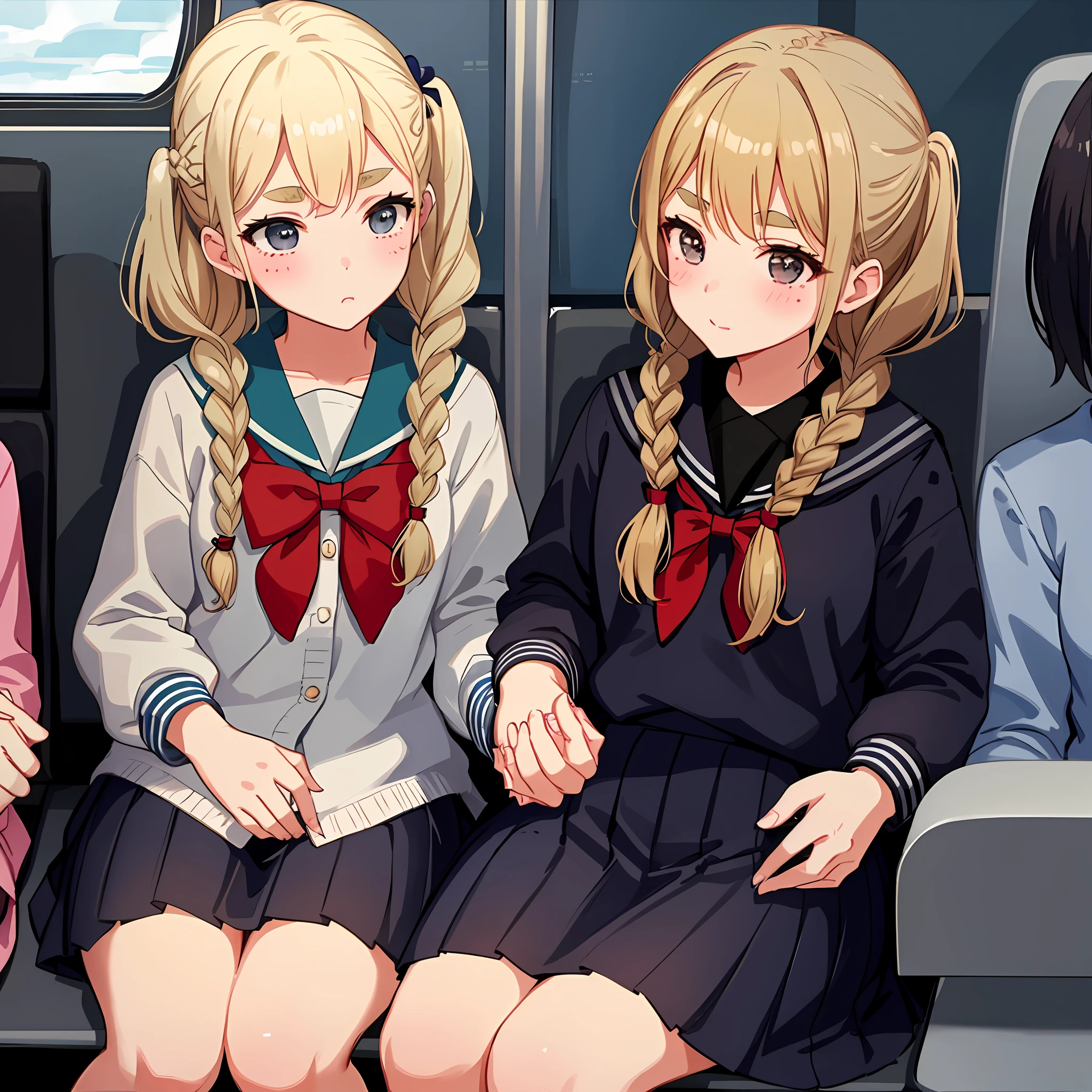 On the bus, lots of gals, holding hands back, Yuri, all passengers are gals, full, nerdy friendly gals, sailor uniforms worn up, small, pigtails, female brat, thick eyebrows, thin waist, beautiful blonde, braids, (masterpiece), ((highest quality)), (super detailed), girl, clean and detailed face, five fingers, textile shading, perfect anatomy,