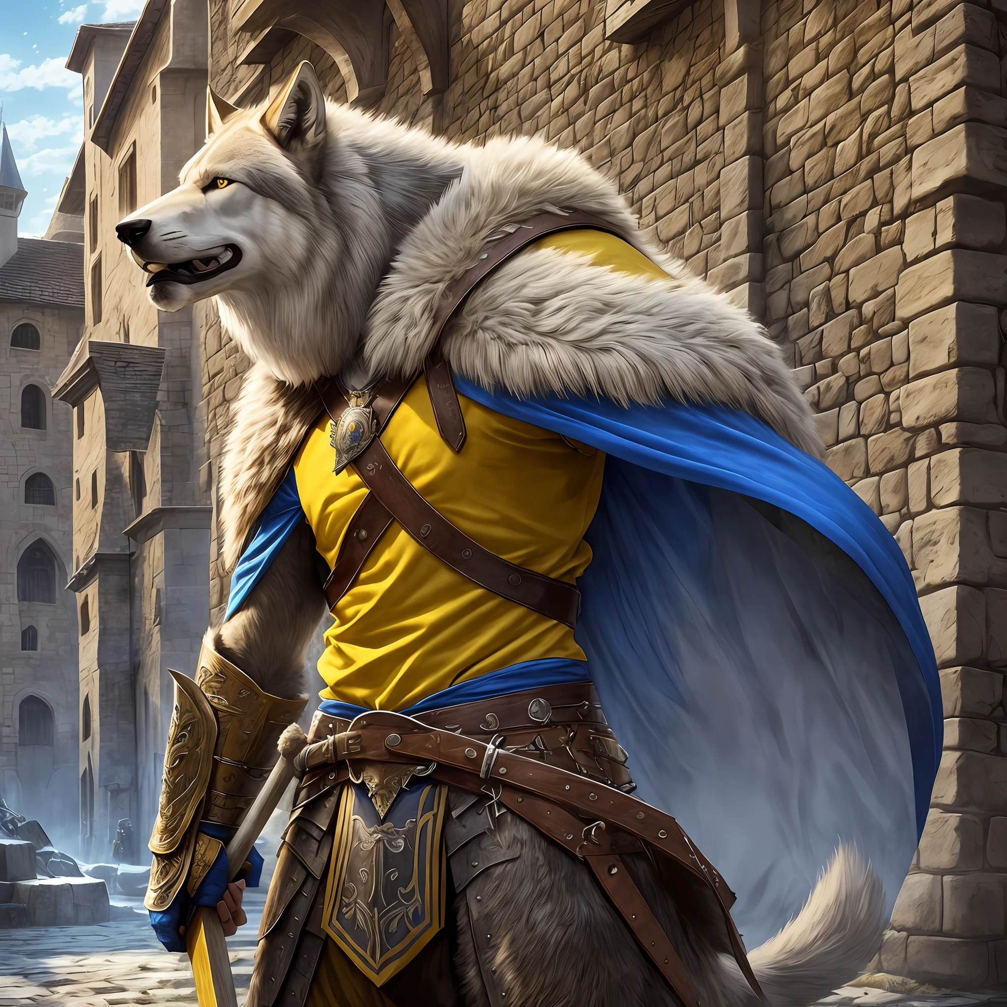 Tall, muscular young man with shaved hair, yellow eyes, wearing a fur cape and blue medieval armor with an axe on his back, in a medieval square mounted on a giant wolf a. Realistic, Full HD, best quality --s6 --auto