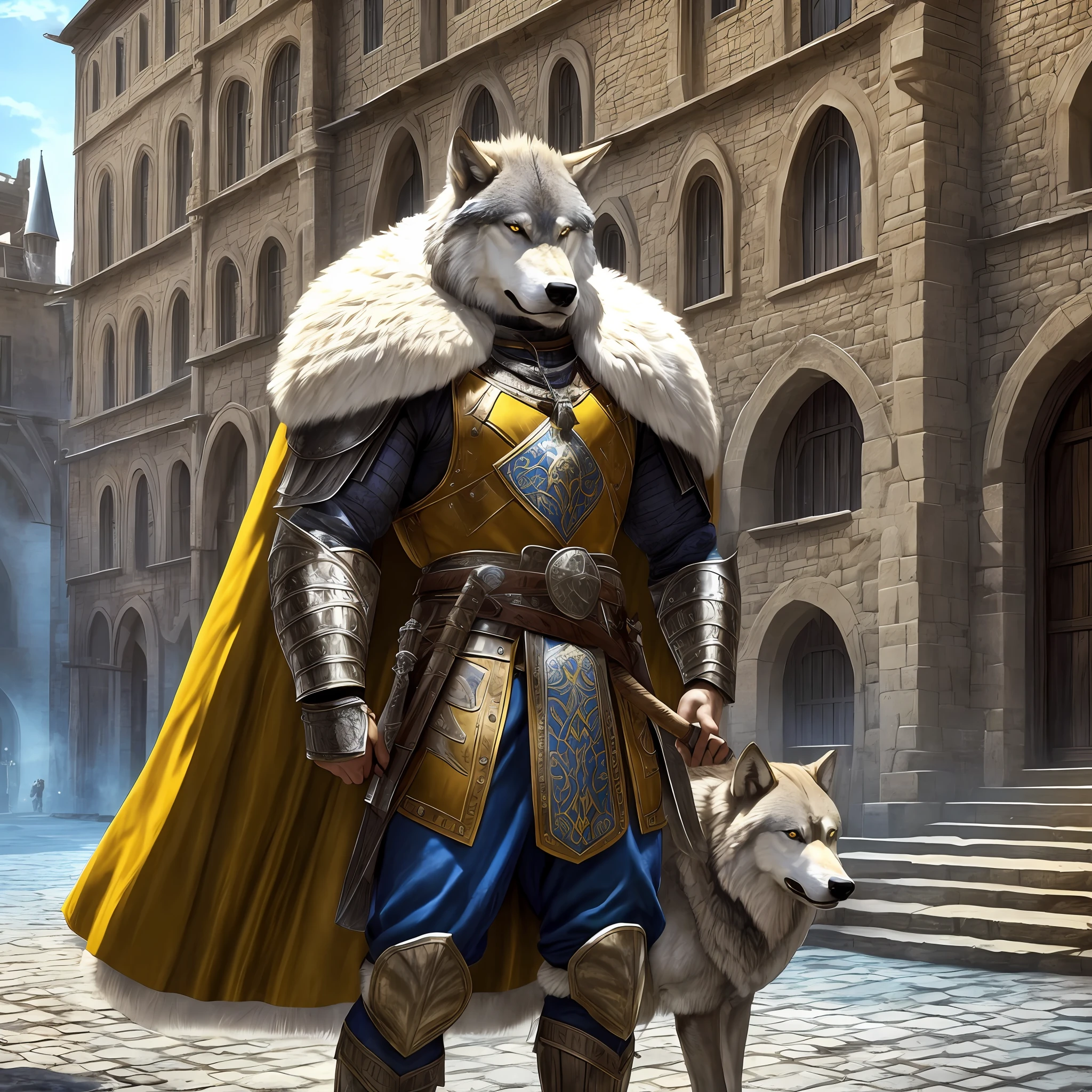 Tall, muscular young man with shaved hair, yellow eyes, wearing a fur cape and blue medieval armor with an axe on his back, in a medieval square mounted on a giant wolf a. Realistic, Full HD, best quality --s6 --auto