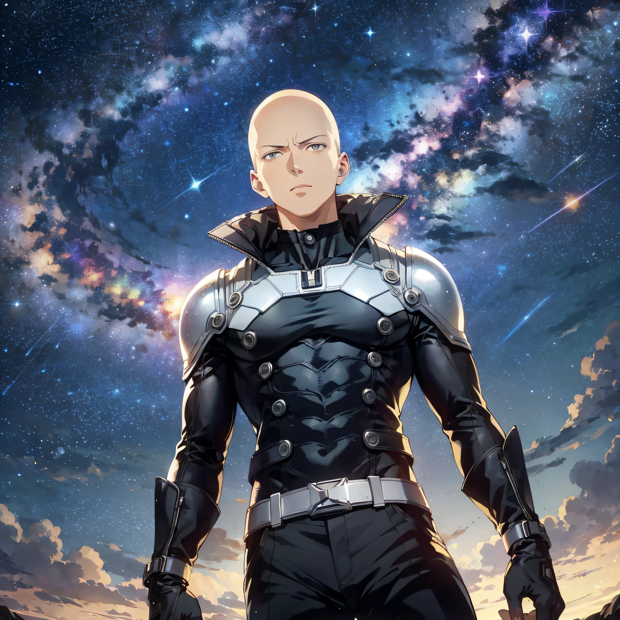 Night, the background is the Starry Sky Universe, Absurd Resolution, High Resolution, (Masterpiece: 1.4), Ultra Detail, 1boy, Mature Man, One Punch Man, Saitama
