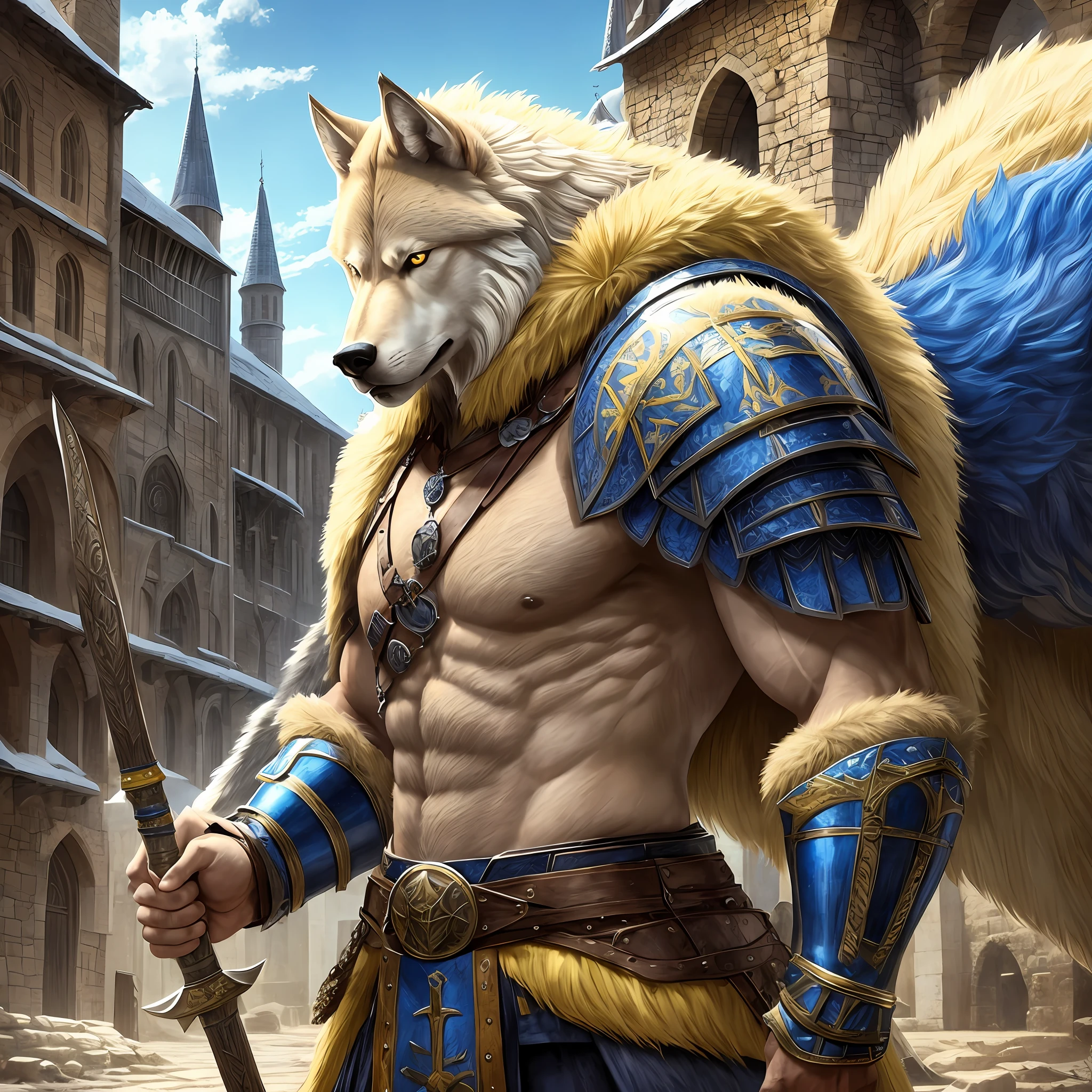 Tall, muscular young man with shaved hair, yellow eyes, wearing a fur cape and blue medieval armor with an axe on his back, in a medieval square mounted on a giant wolf a. Realistic, Full HD, best quality --s6 --auto