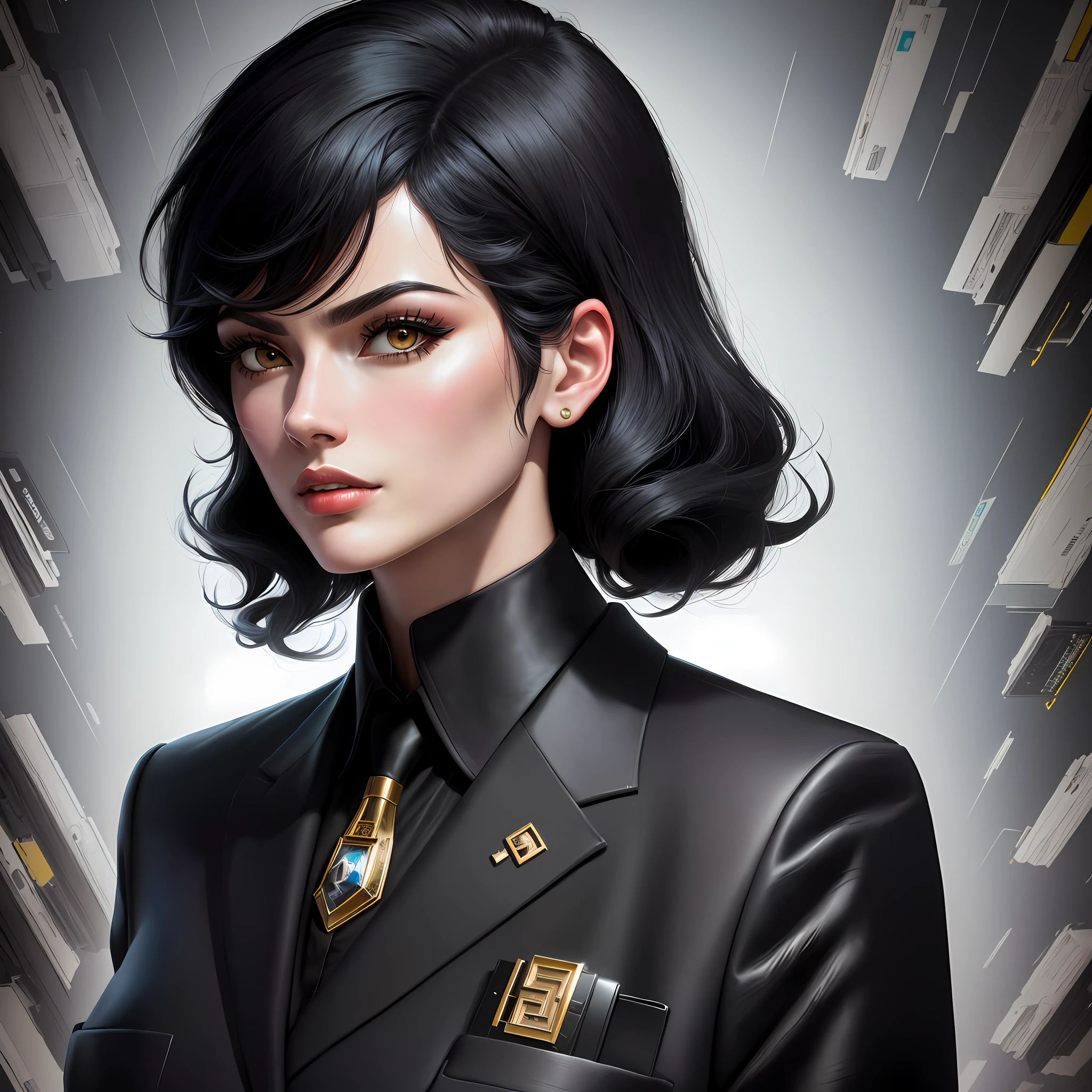 black hair, comic style, Surrealism, 8k, super detail, mobster dougther, she is em living room