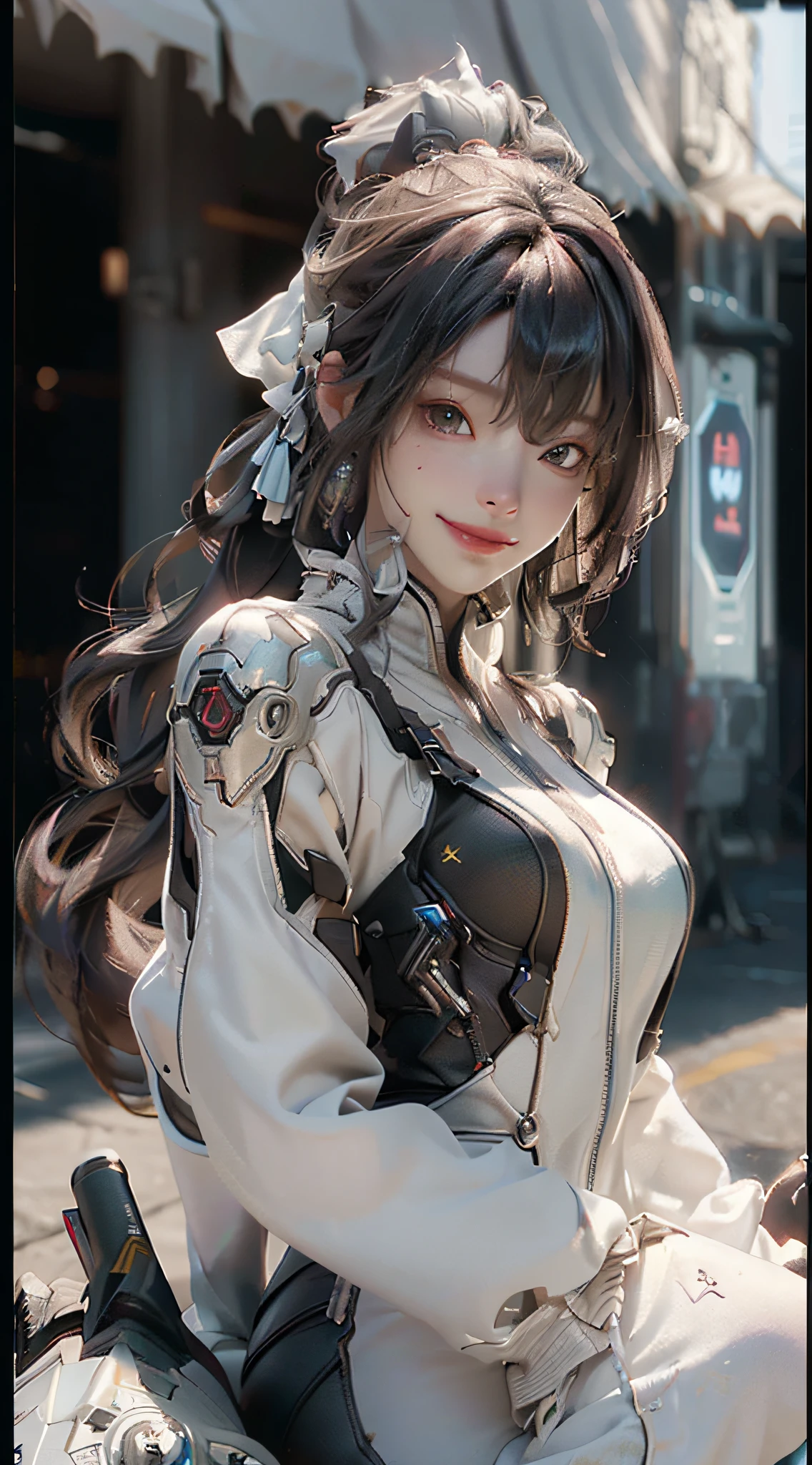((Best Quality)), ((Masterpiece)), (Detail: 1.4), 3D, A Beautiful Cyberpunk Female Figure, HDR (High Dynamic Range), Ray Tracing, NVIDIA RTX, Super-Resolution, Unreal 5, Subsurface Scattering, PBR Texture, Gray Hair, Incredibly Long Hair, Smile, Look Down, Ride a Motorcycle, Post-Processing, Vista, Full Body, Anisotropic Filtering, Depth of Field, Maximum Clarity and Clarity , Multilayer Textures, Albedo and Specular Maps, Surface Coloring, Accurate Simulation of Light-Material Interactions, Perfect Proportions, Octane Render, Bicolor Light, Large Aperture, Low ISO, White Balance, Rule of Thirds, 8K RAW,