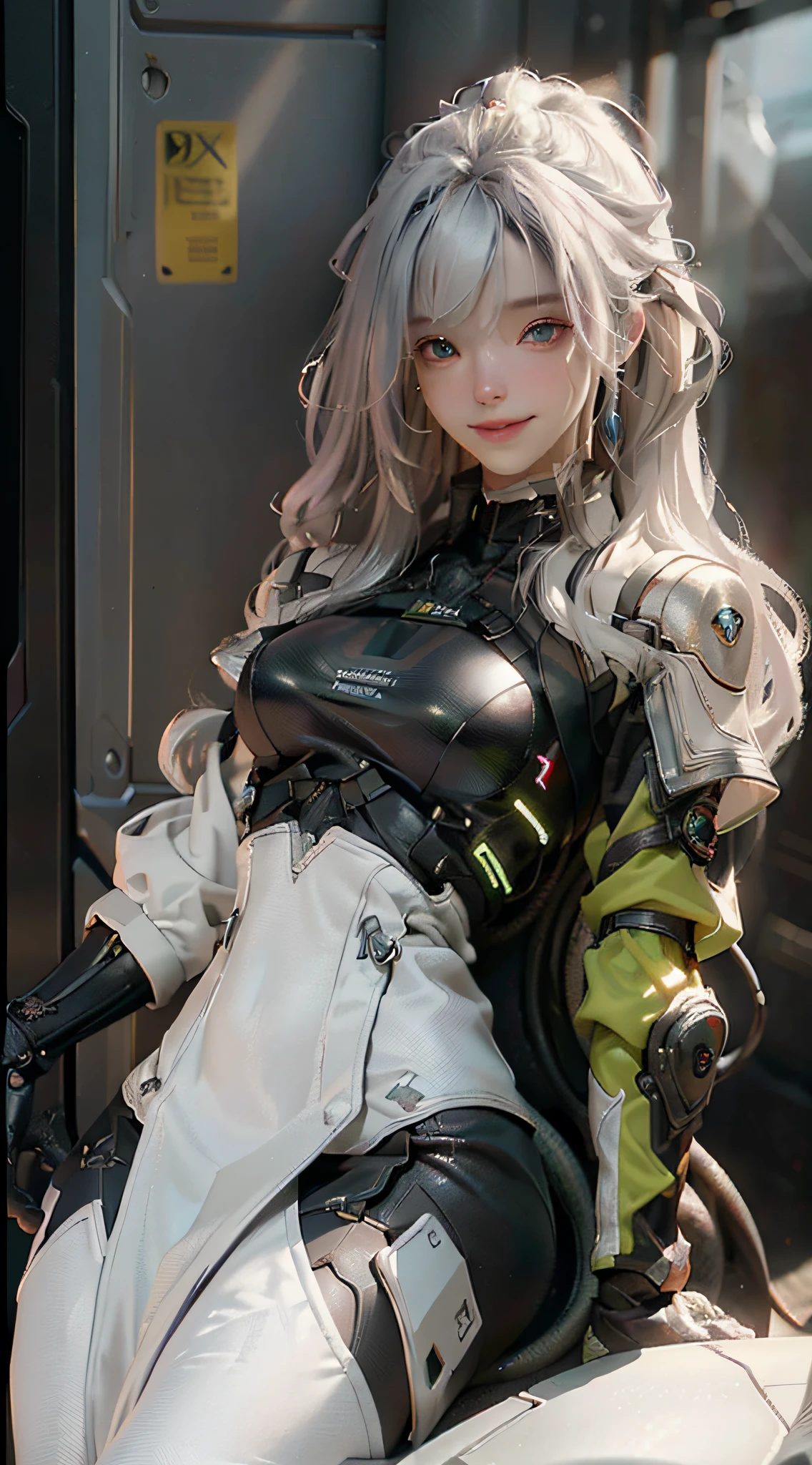 ((Best Quality)), ((Masterpiece)), (Detail: 1.4), 3D, A Beautiful Cyberpunk Female Figure, HDR (High Dynamic Range), Ray Tracing, NVIDIA RTX, Super-Resolution, Unreal 5, Subsurface Scattering, PBR Texture, Gray Hair, Incredibly Long Hair, Smile, Look Over, Sitting on a Motorcycle, Post-Processing, Anisotropic Filtering, Depth of Field, Maximum Clarity and Clarity, Multi-layered Texture , Albedo and Specular Mapping, Surface Coloring, Accurate Simulation of Light-Material Interactions, Perfect Proportions, Octane Render, Bicolor Light, Large Aperture, Low ISO, White Balance, Rule of Thirds, 8K RAW,