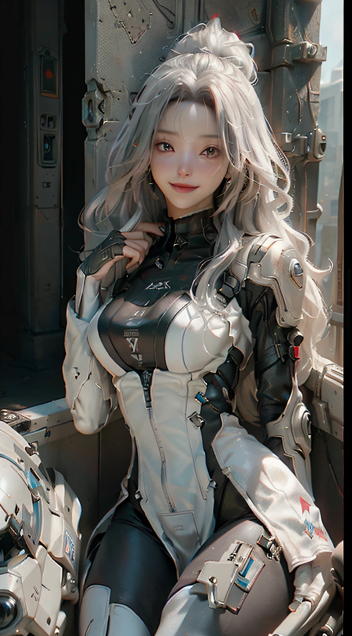 ((Best Quality)), ((Masterpiece)), (Detail: 1.4), 3D, A Beautiful Cyberpunk Female Figure, HDR (High Dynamic Range), Ray Tracing, NVIDIA RTX, Super-Resolution, Unreal 5, Subsurface Scattering, PBR Texture, Gray Hair, Incredibly Long Hair, Smile, Look Over, Sitting on a Motorcycle, Post-Processing, Anisotropic Filtering, Depth of Field, Maximum Clarity and Clarity, Multi-layered Texture , Albedo and Specular Mapping, Surface Coloring, Accurate Simulation of Light-Material Interactions, Perfect Proportions, Octane Render, Bicolor Light, Large Aperture, Low ISO, White Balance, Rule of Thirds, 8K RAW,