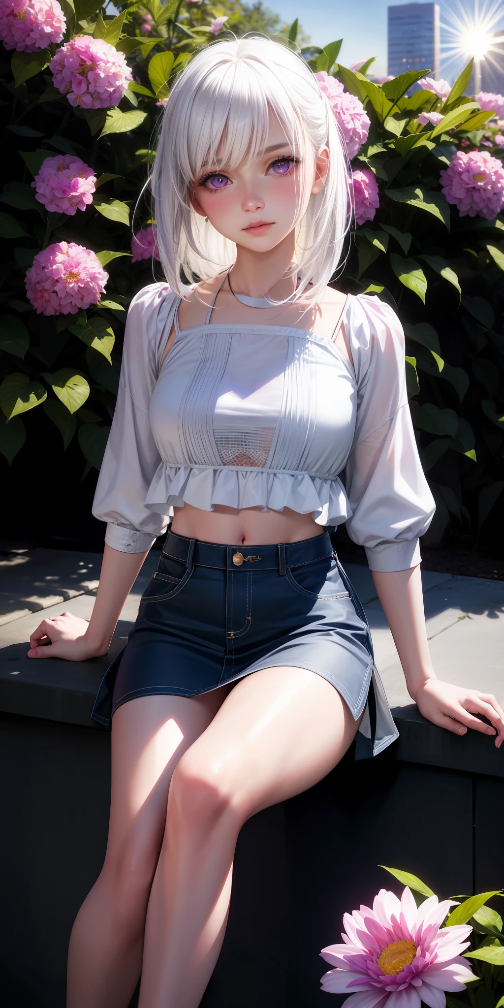 realistic, 1girl, white hair, purple eyes, bright eyes, cropped top, no skirt, lips parted, blush, night, flowers, sun, sunlight, RAW, sitting, legs open