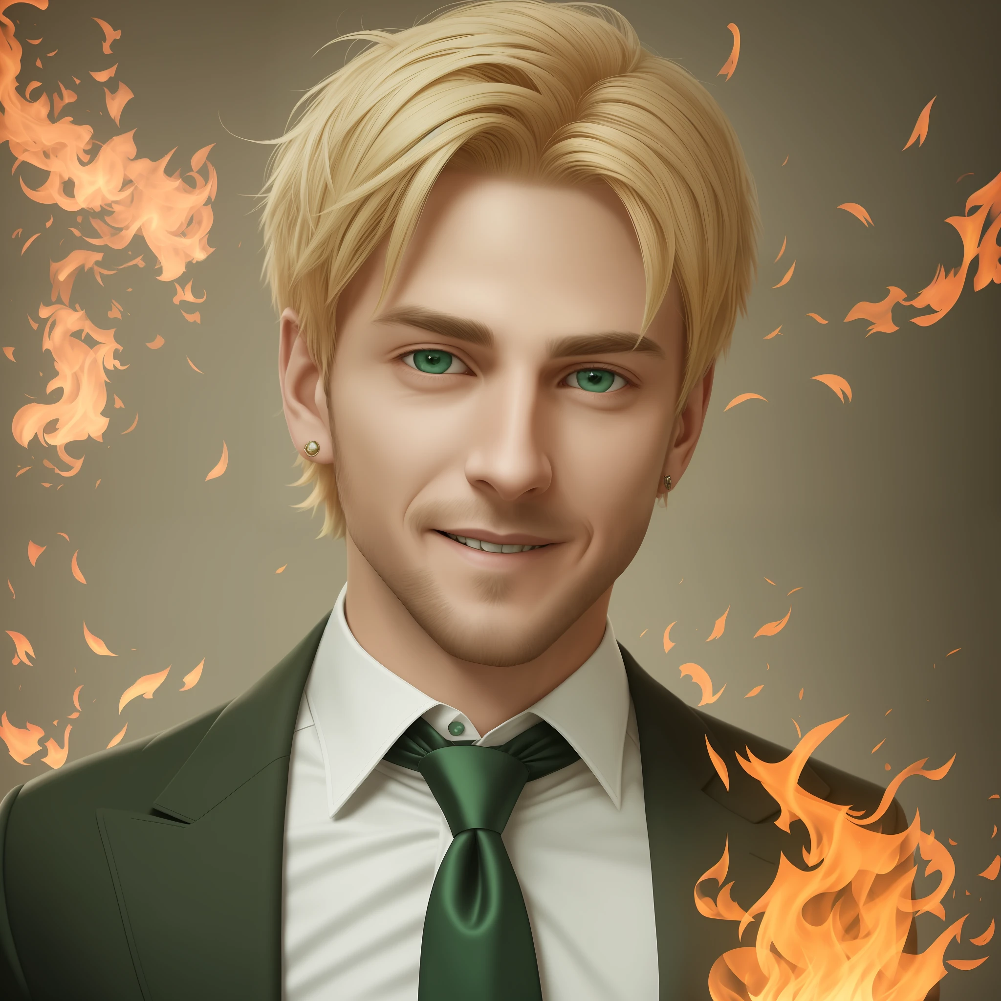 realistic fantasy, high detail, 8kk, portrait, guy 34 years old, blonde hair, short haircut, charming smile, cheerful and piercing look, green eyes, dressed in a three-piece suit, fiery particles in the air, screech air, flame --auto --s2