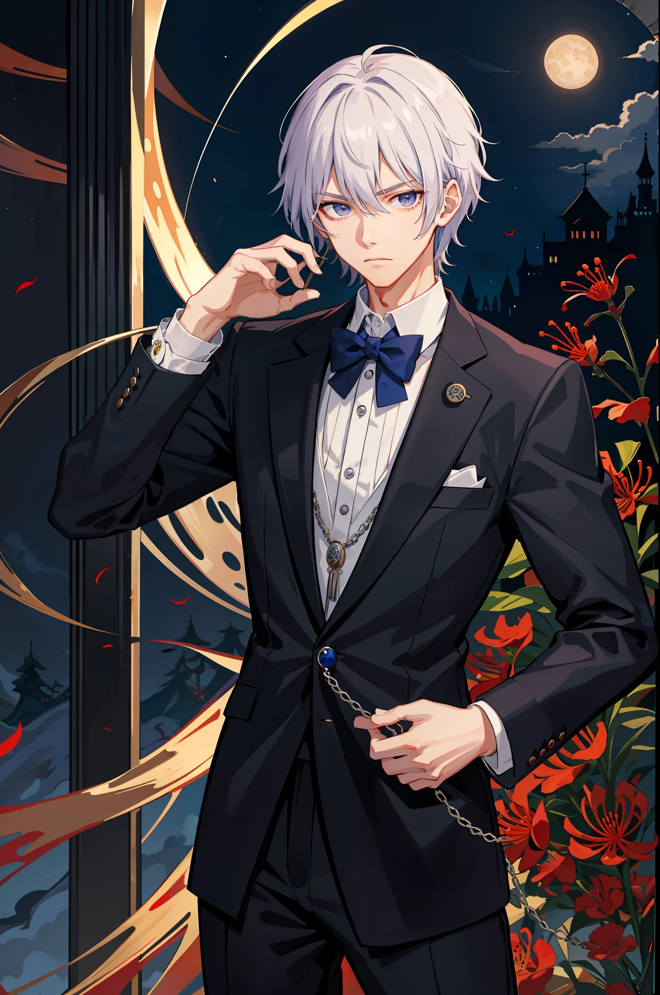 {{masterpiece}},best quality,illustration,looking at viewer, fighting_stance, 1 guy, solo, 20_years_old, long body, long neck, handsome, indigo_blue_hair, short hair, cold_gaze, blue-purple_eyes, red spider lily flowers, moon night, black suit, black_coat, gloves, pocket_watch, stretching silver wire between hands