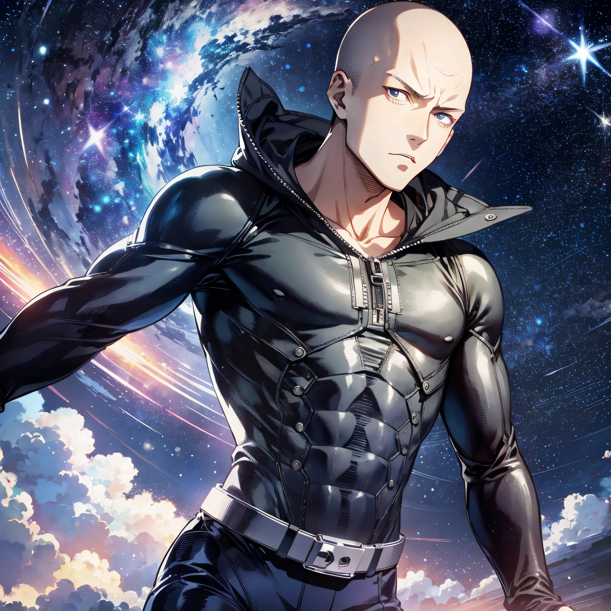 Night, background is Starry Sky Universe, Absurd Resolution, High Resolution, (Masterpiece: 1.4), Ultra Detail, 1boy, Mature Man, One Punch Man, Saitama, Grim Expression, Running