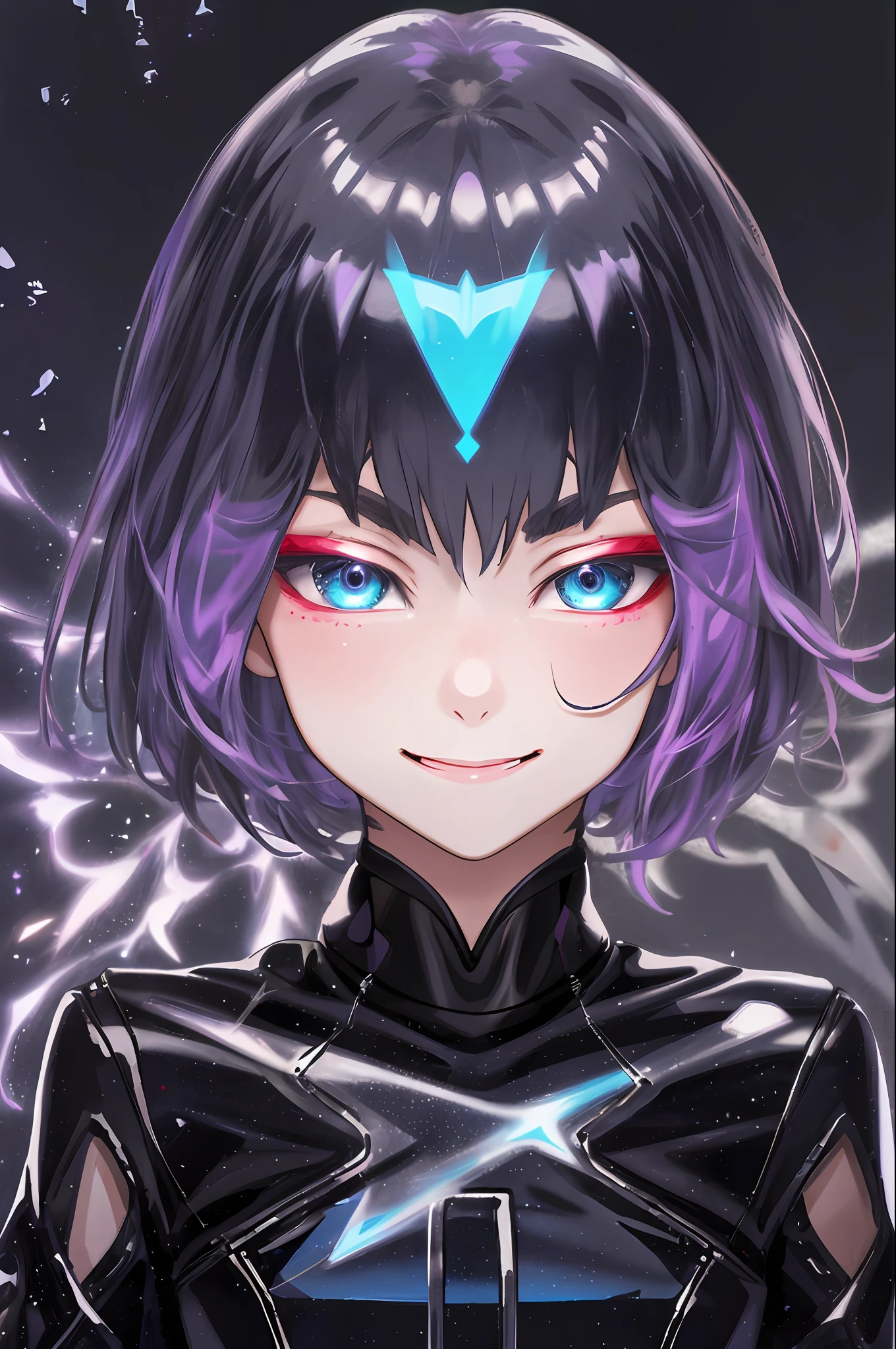 Girl, (laser transparent pvc texture clothing:1.2),evil smile,close mouth, (half-closed eyes:0.9), smug, black background,portrait,particles in the air, oil painting ,glow,